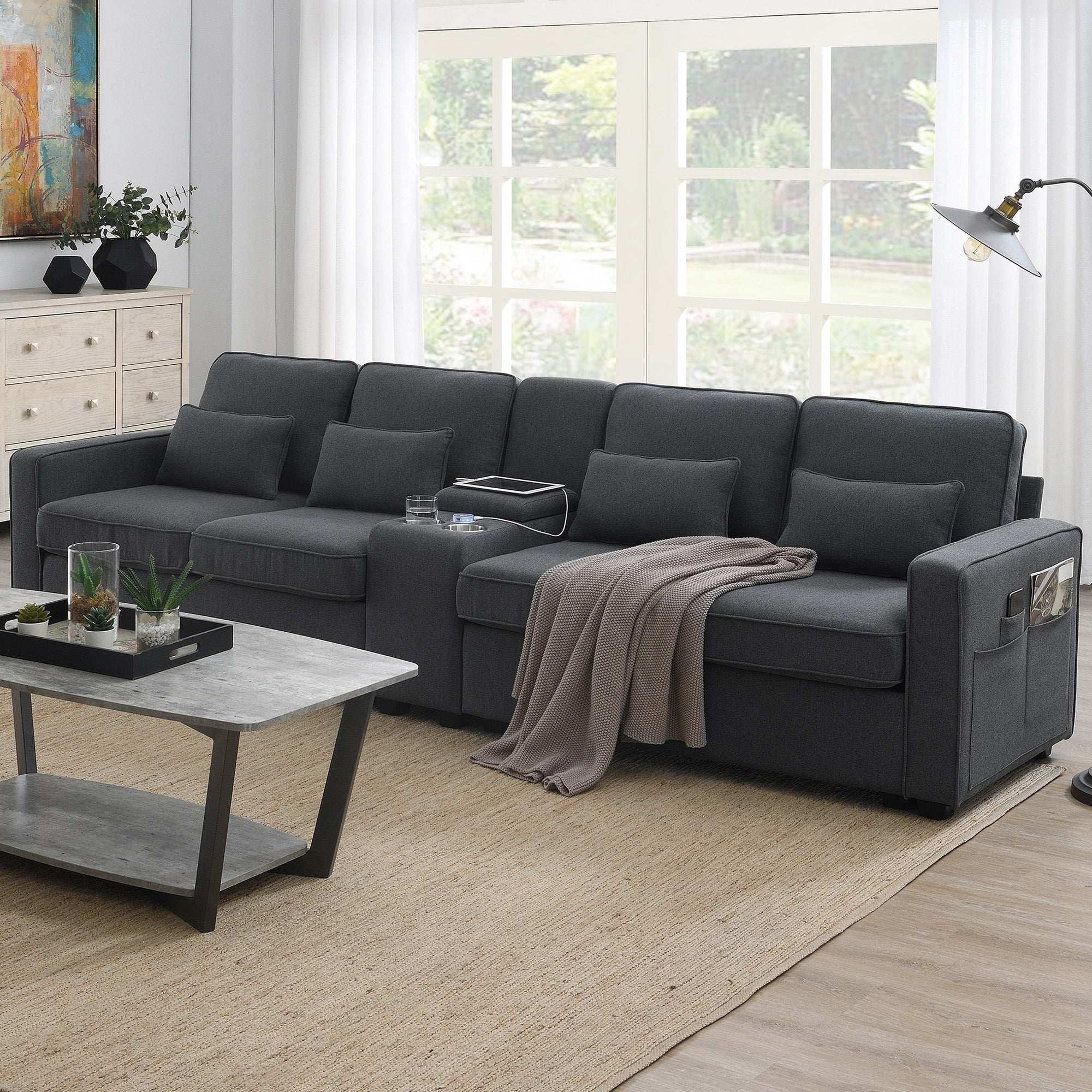 Ember Modern Sofa With Console & Wireless Charging