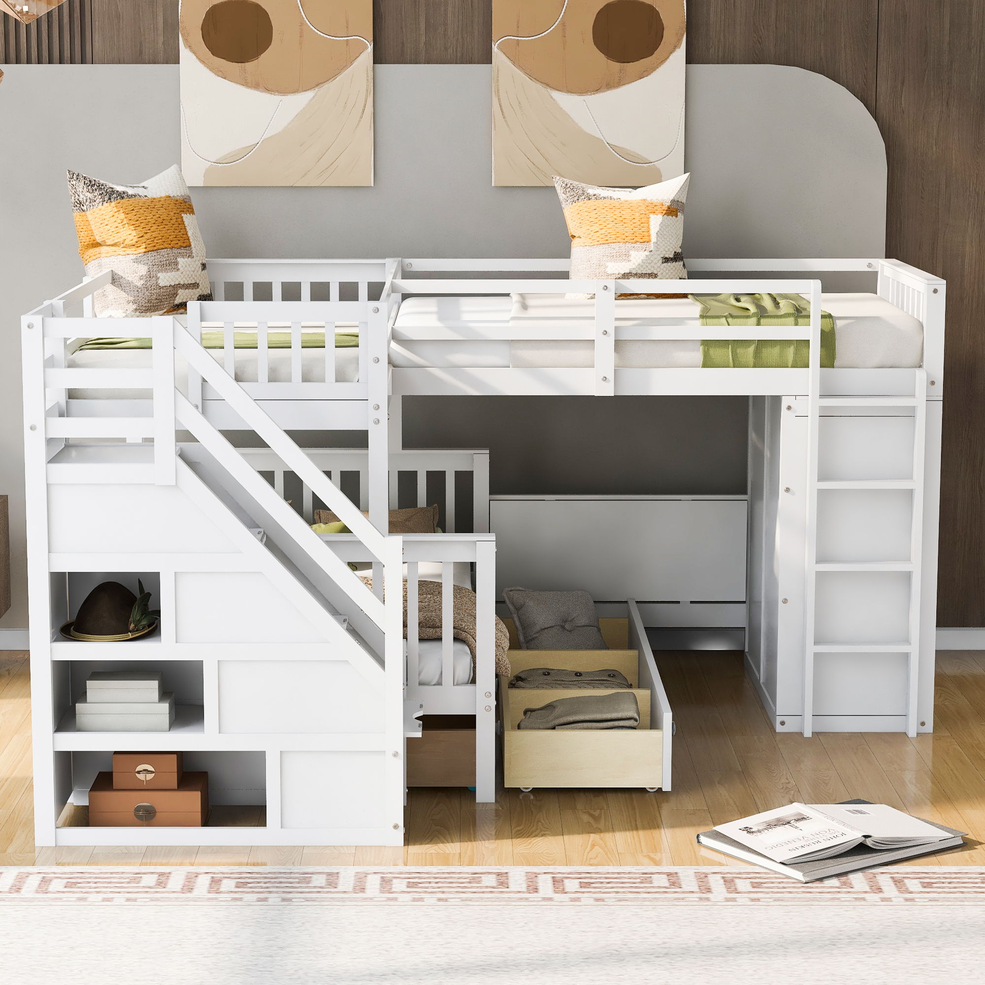 L Shaped Bunk Bed With 3 Drawers, Portable Desk And Wardrobe