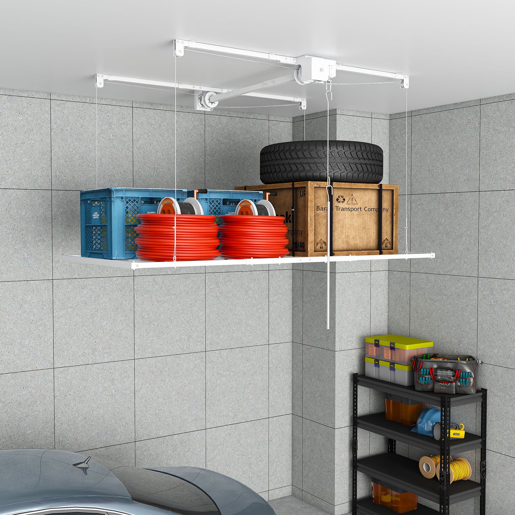 Overhead Garage Storage Rack 3 X 6 Ft For High Ceilings, With Safety Lock - White