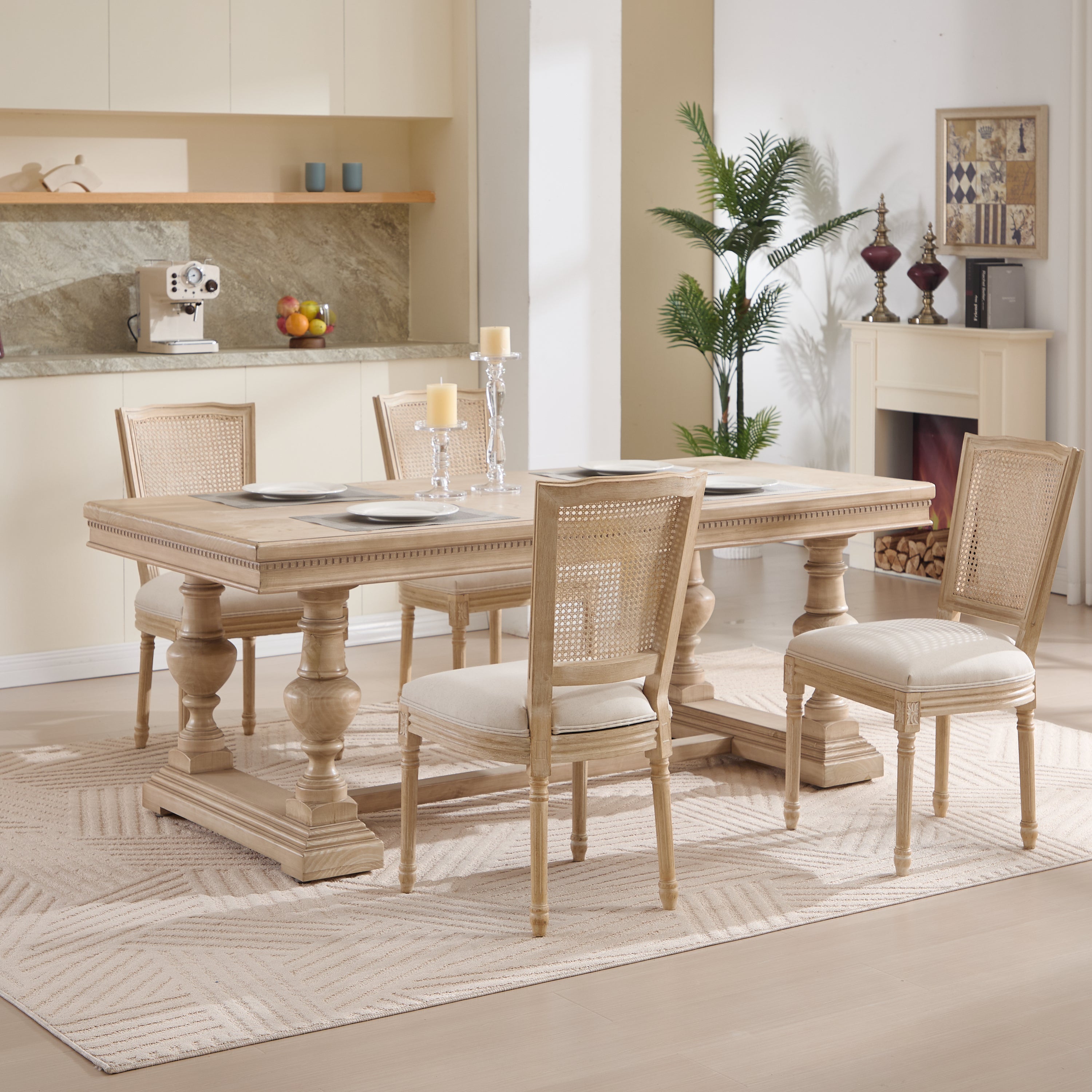 French Country Dining Chairs Set of 2 Upholstered With Natural Rattan Back