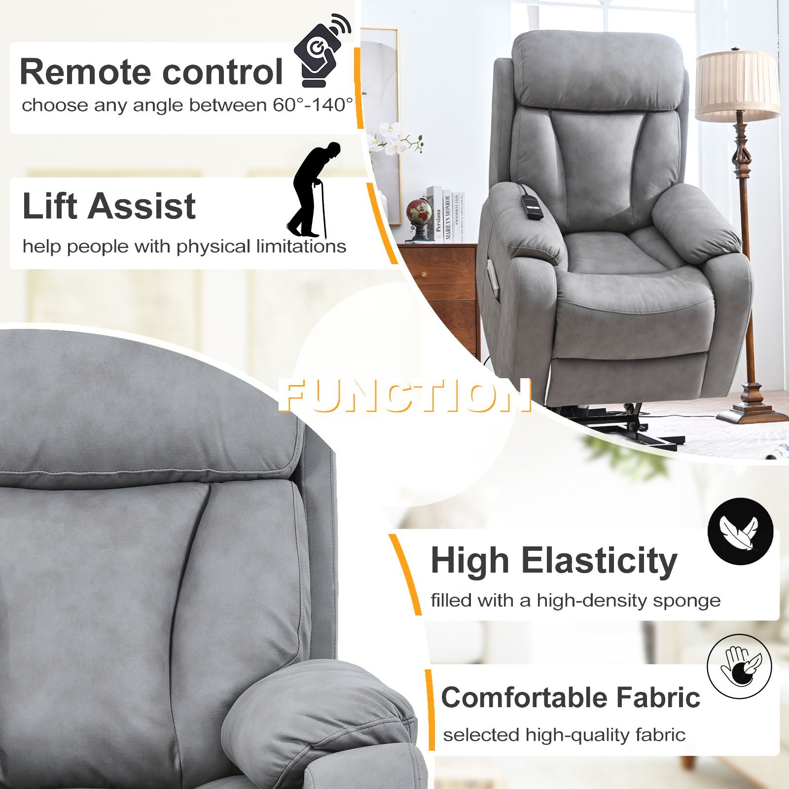 Electric Power Lift Recliner Chair, Fabric Recliner Chair, Home Theater Seating, Living Room Chair, Side Pocket, Remote Control - Light Gray