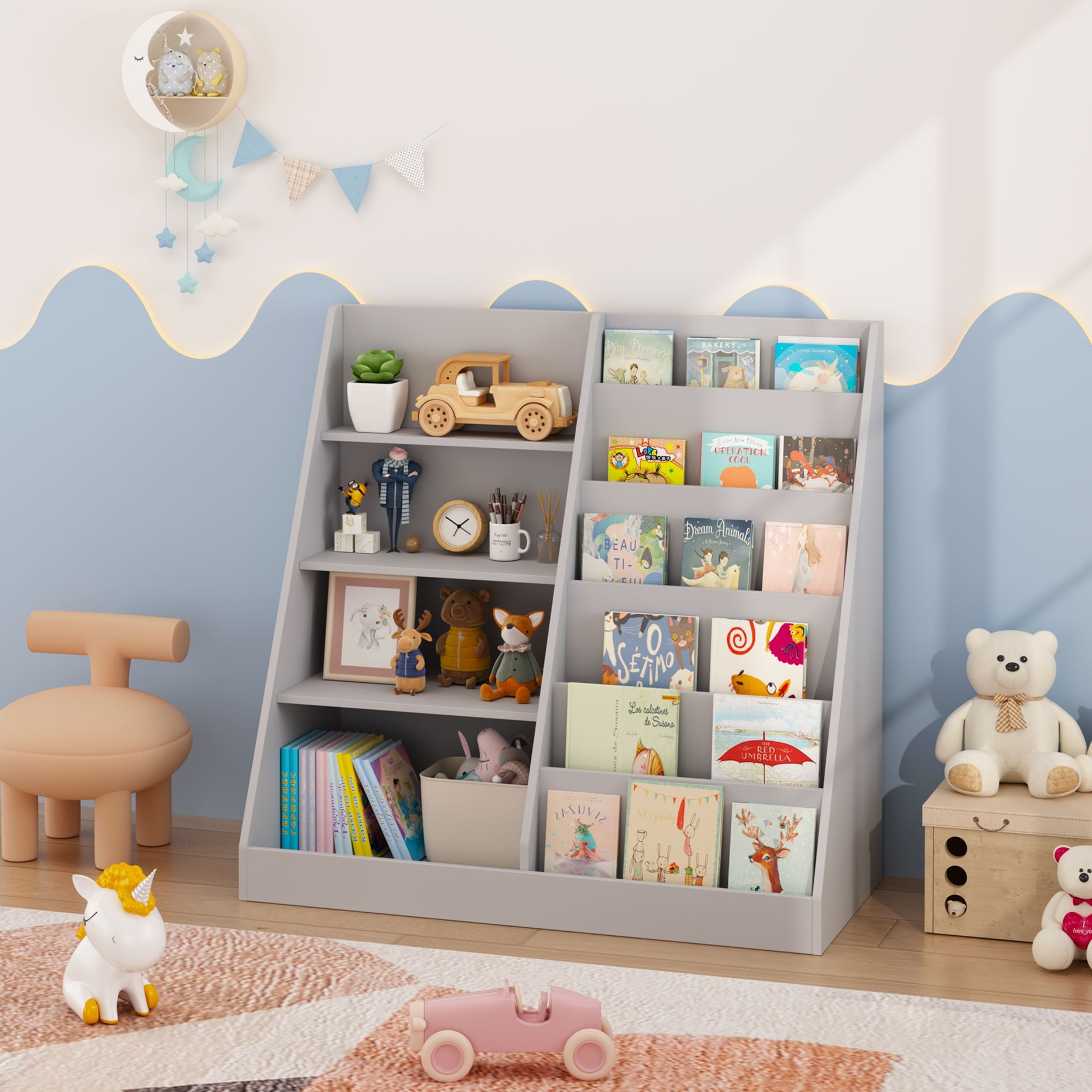 Bookshelf And Toy Storage Organizer, 4 Tier Bookcase With Display Stand For Playroom