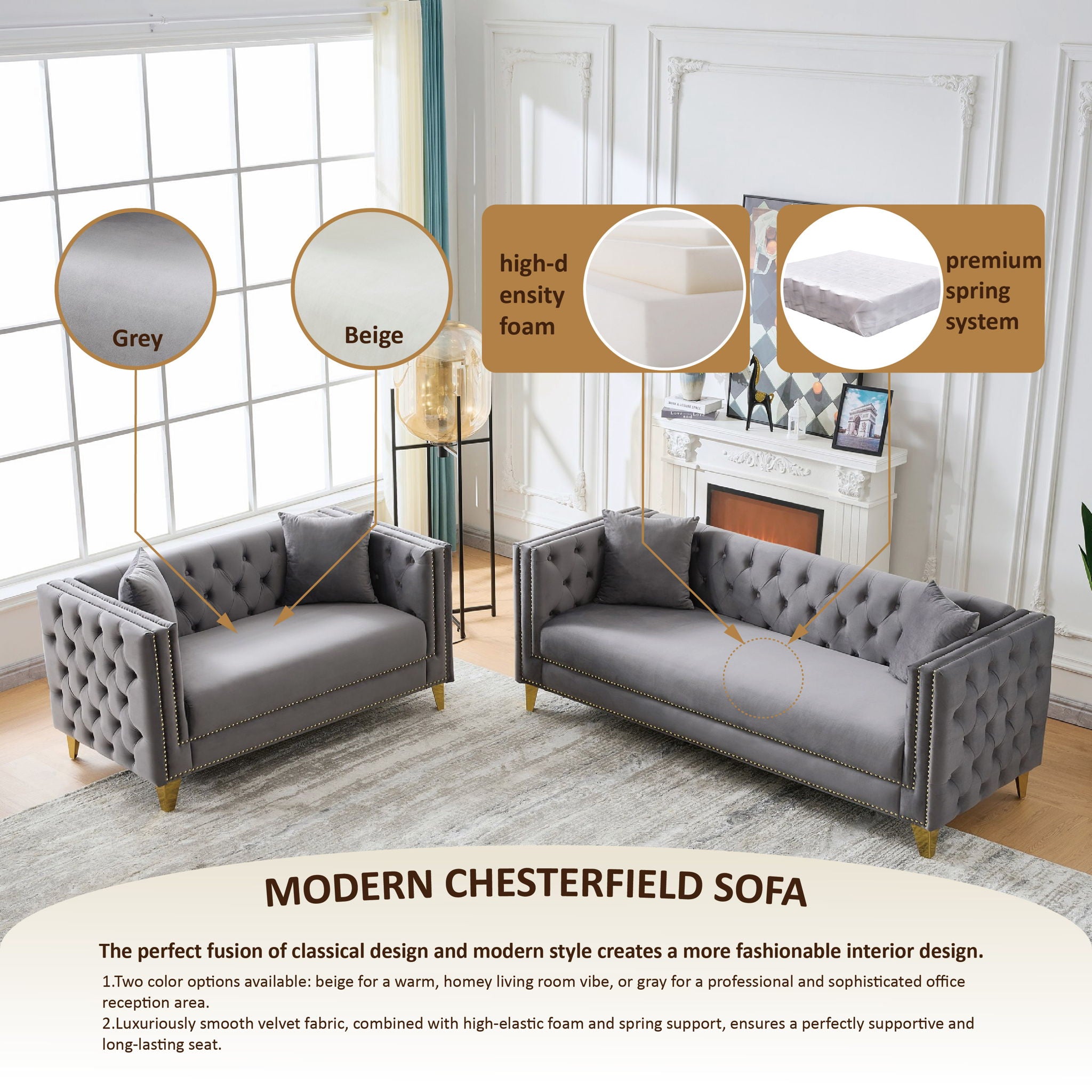 3 And 3 Seater Deep Seat Sofa With Button Nailhead And Square Arm Design - Gray
