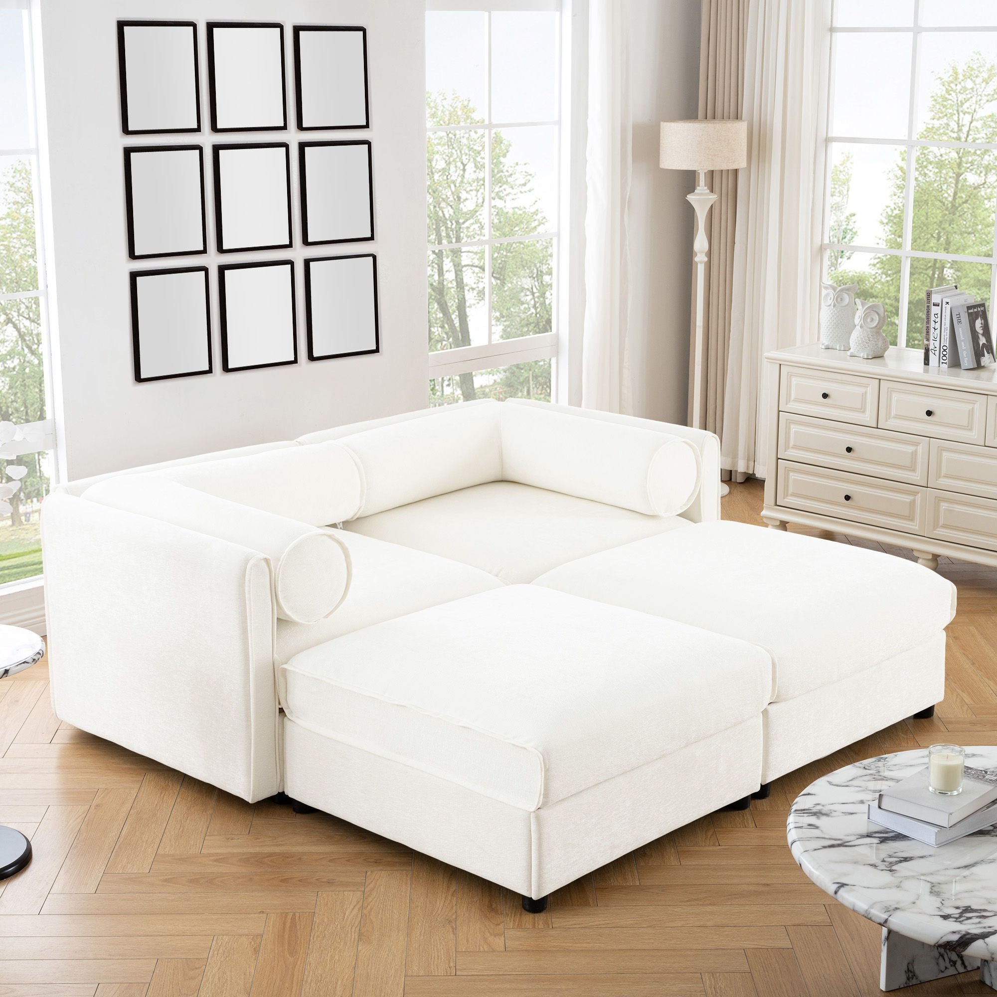 Contemporary Elegant White Chenille Sofa With Storage And Ottoman