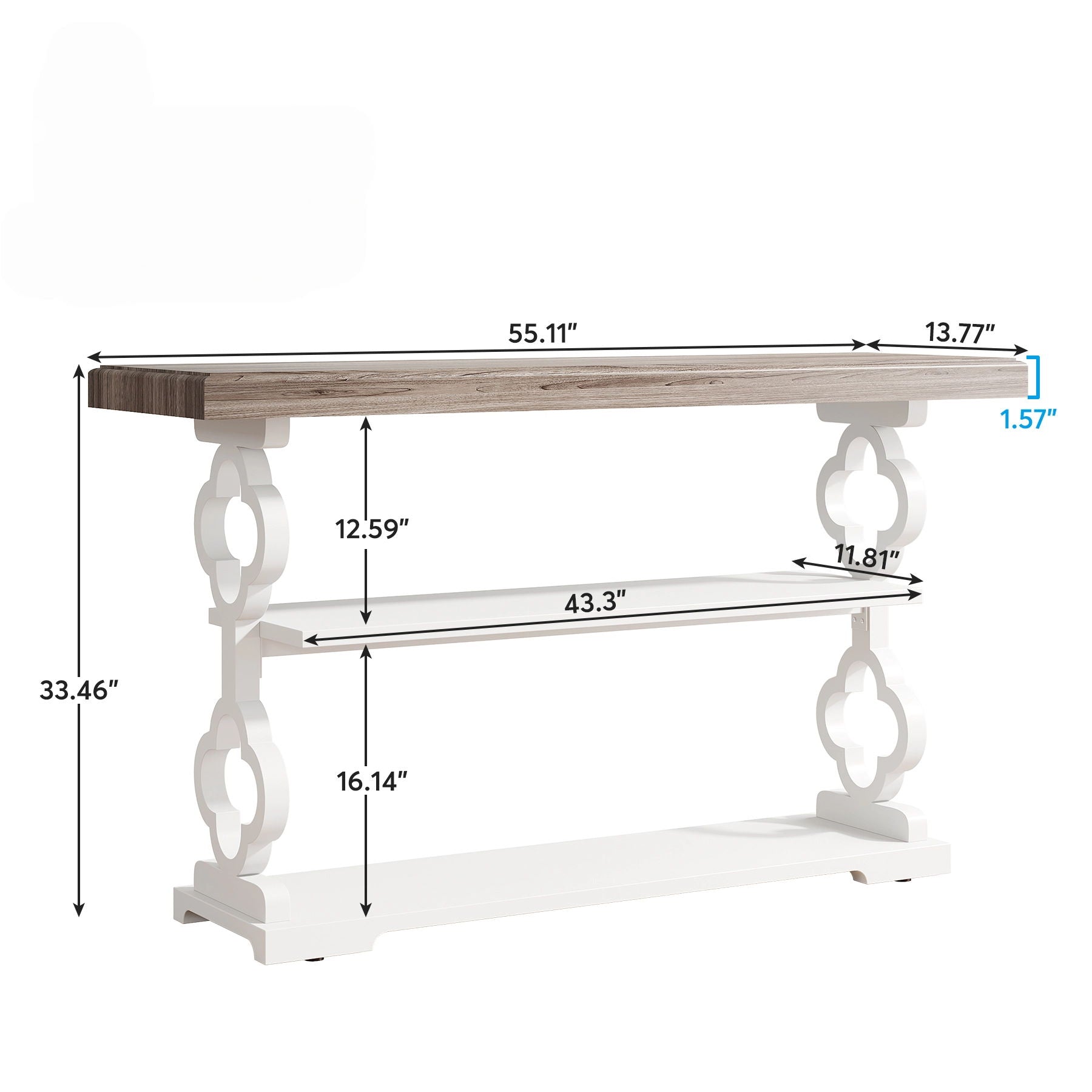 Console Sofa Table With 3 Shelves, Floral Carved Accent - Gray / White