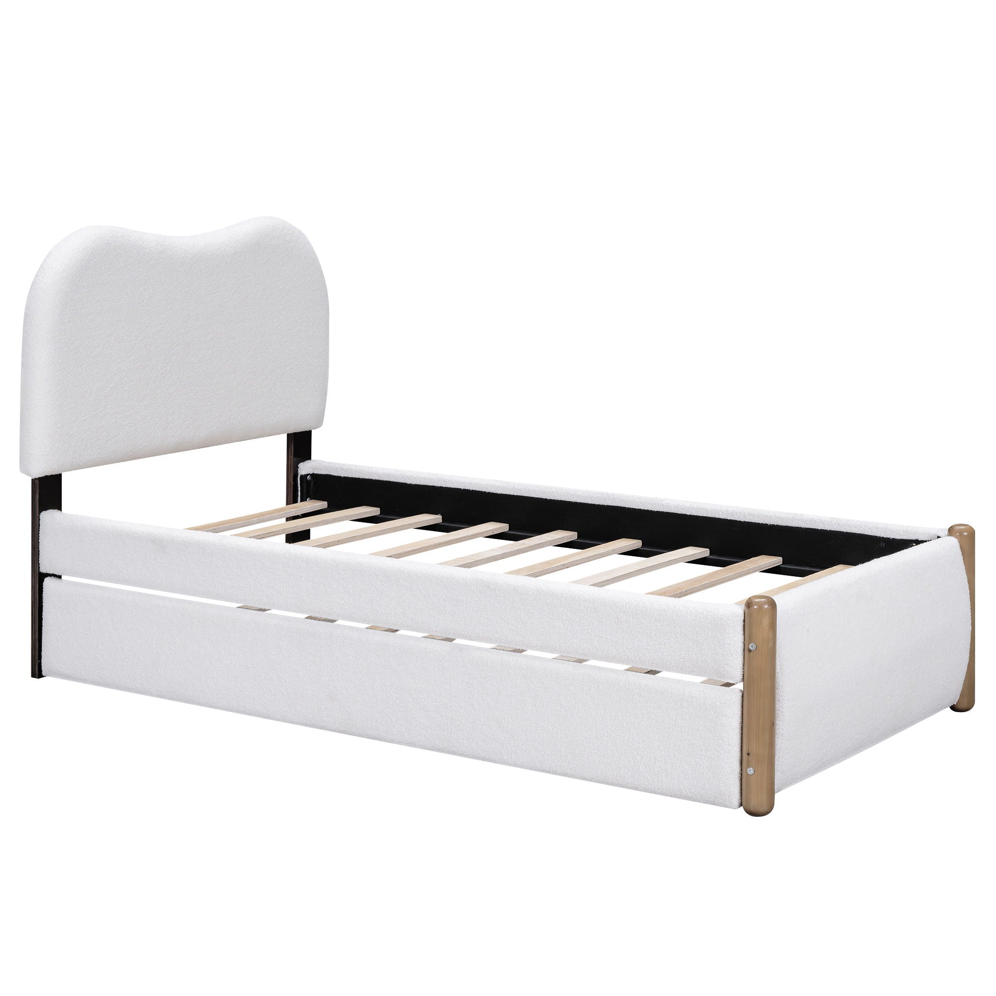 Upholstered Platform Bed With Wood Supporting Feet And Trundle