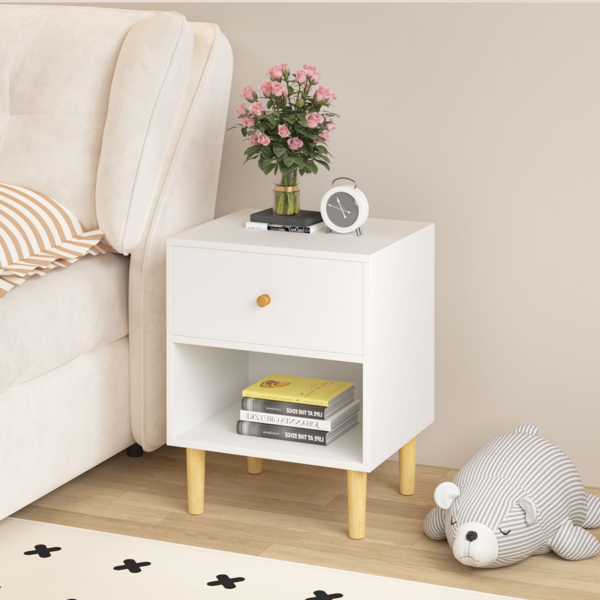 Nightstand With 1 Drawer And 1 Shelf - White