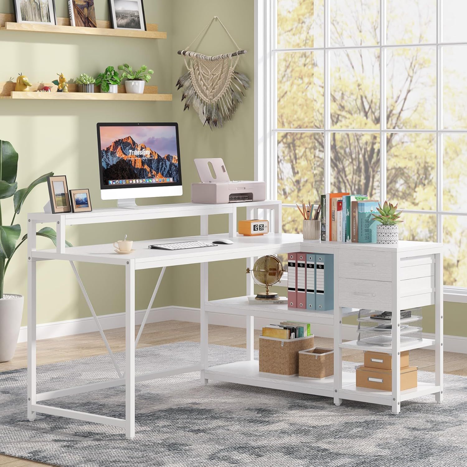 L-Shaped Home Office Desk With Monitor Riser, Drawers, And Storage Shelves