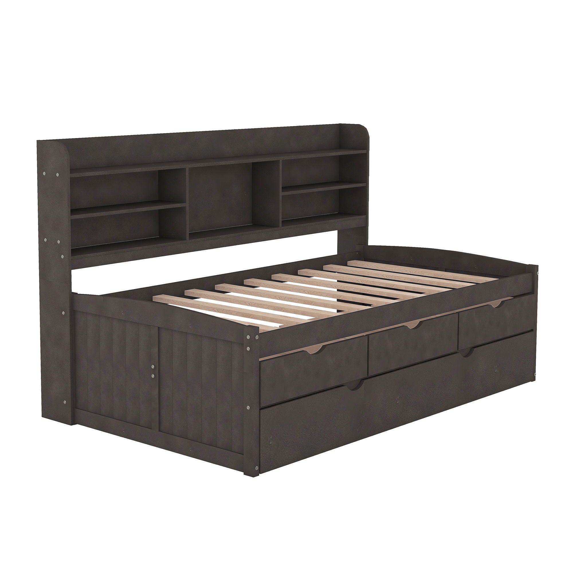 Captain Bed With Built In Bookshelves, 3 Storage Drawers, And Trundle