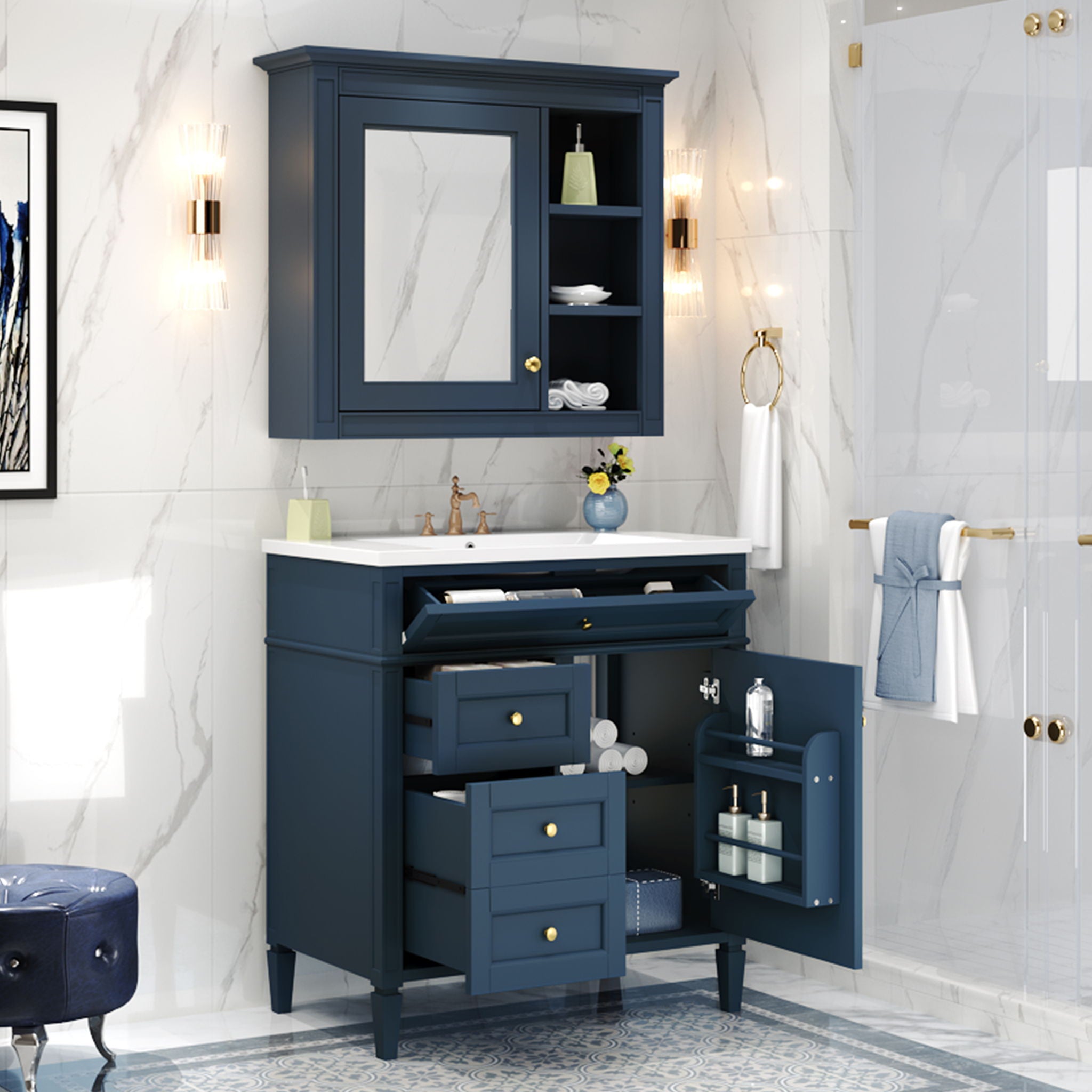Bathroom Vanity With Medicine Cabinet, Royal Blue Mirror Cabinet, Modern Bathroom Storage Cabinet With 2 Soft Closing Doors And 4 Drawers