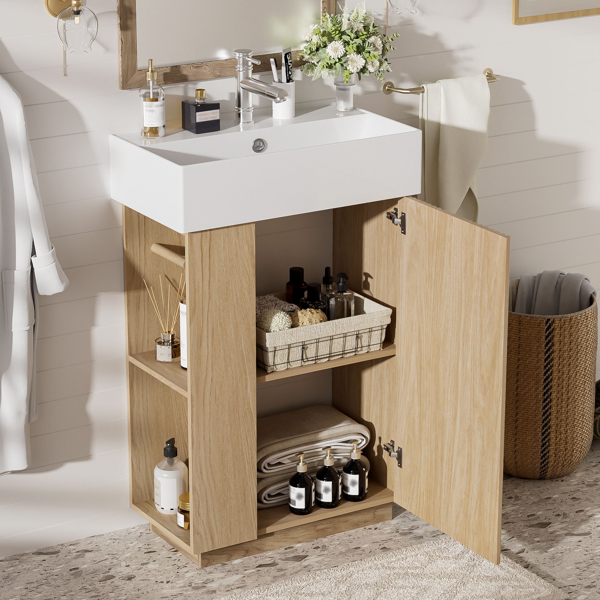 Bathroom Vanity With Sink, 21.6" Freestanding Wood Grain Cabinet With Storage Ideal For Small Bathrooms - Wood