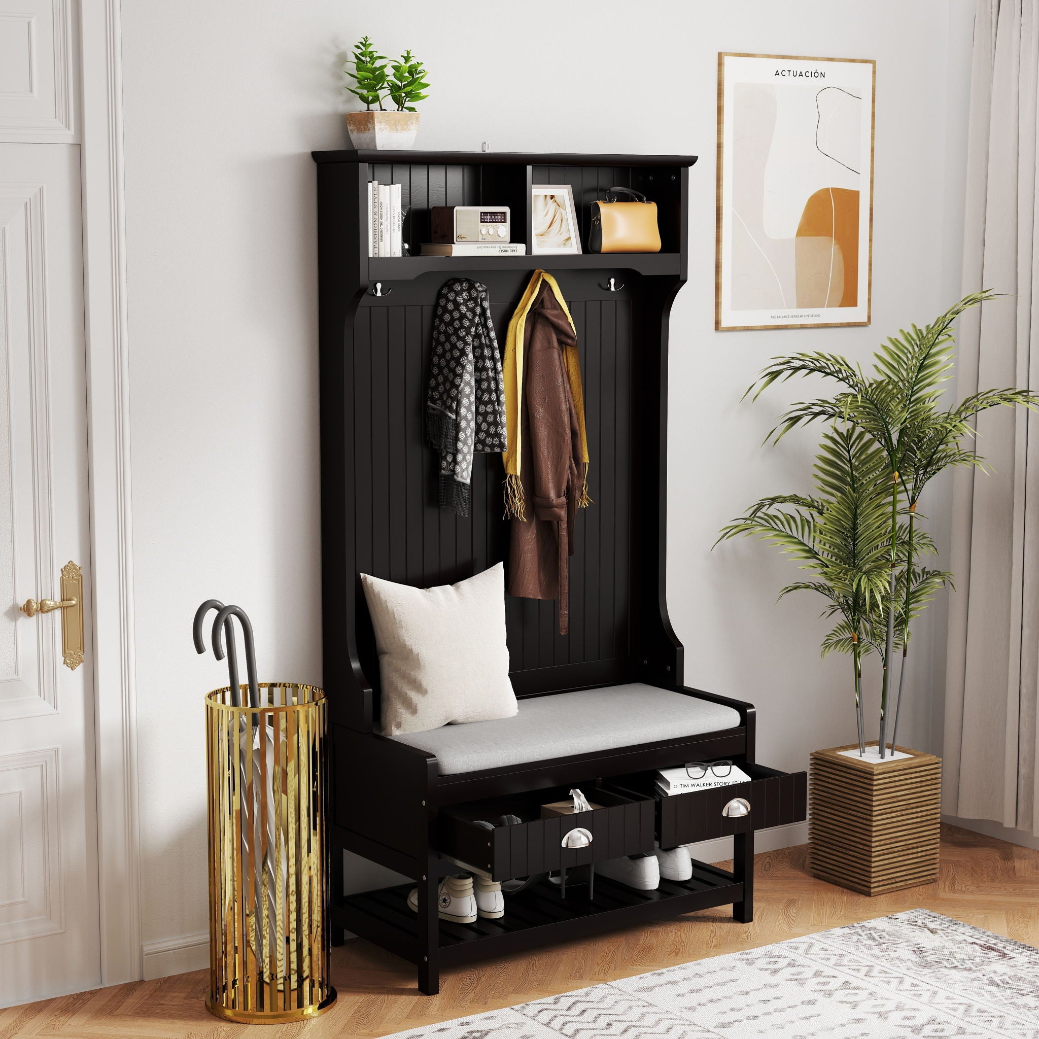 Modern 3 In 1 Hallway Hall Tree With Storage Drawers, Coat Rack, Shoe Rack Bench And Cushion