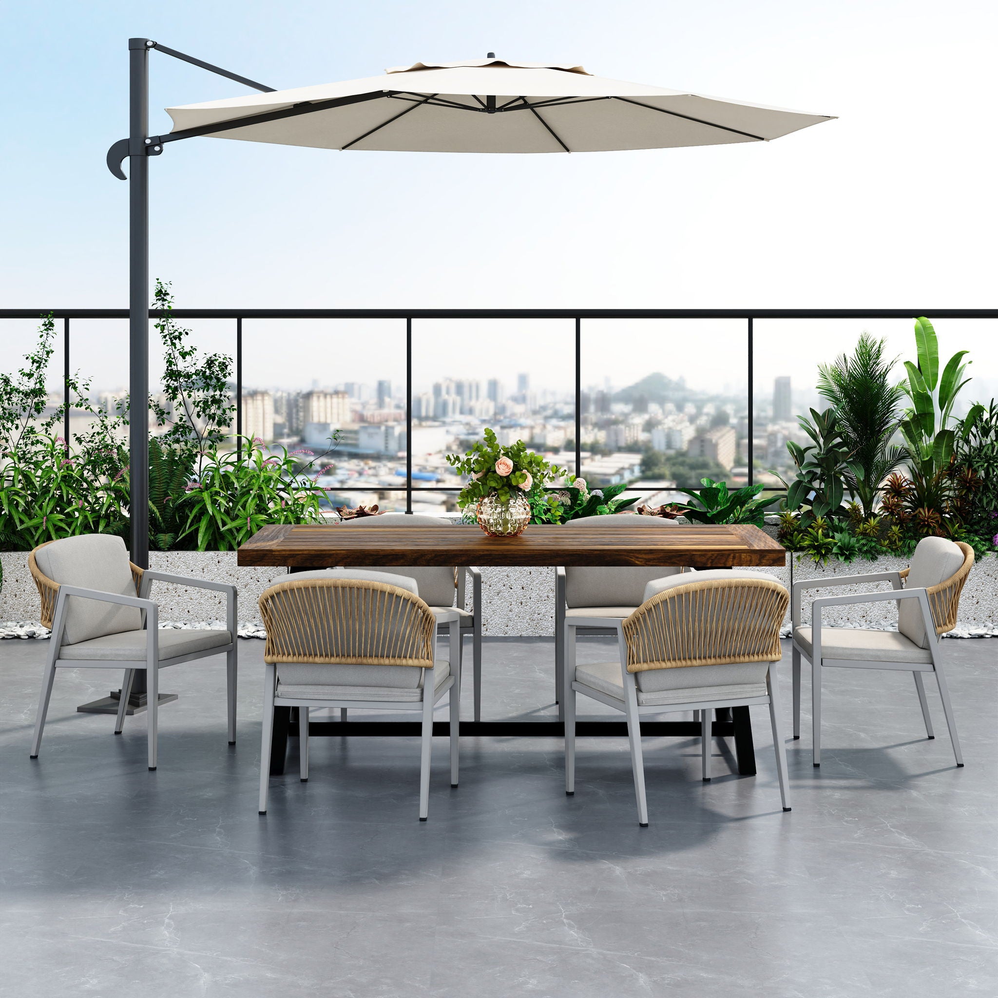 Outdoor Dining Set Acacia Wood Table With 6 Rattan Iron Chairs - Black / Natural / Gray
