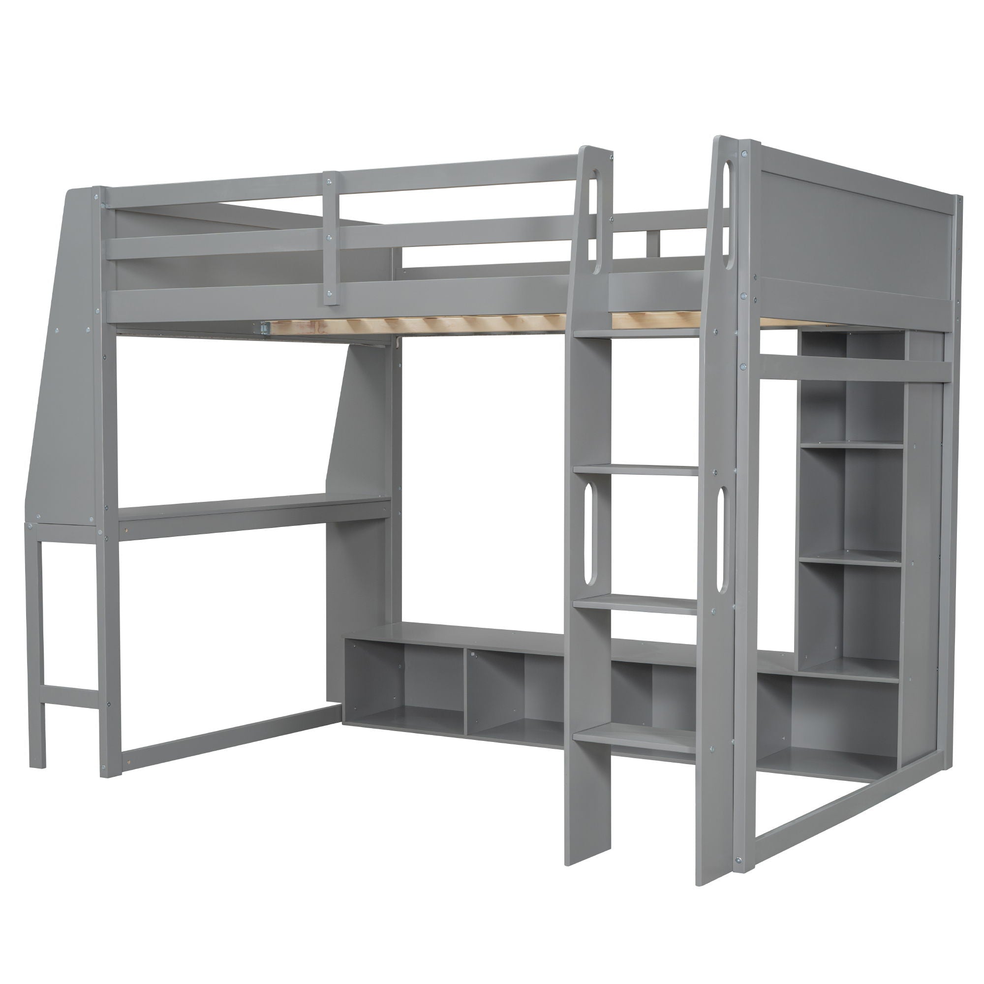 Full Size Gaming Loft Bed With Desk, Multi Storage Shelves, LED Lighting, And Hanging Clothes Rack - Gray