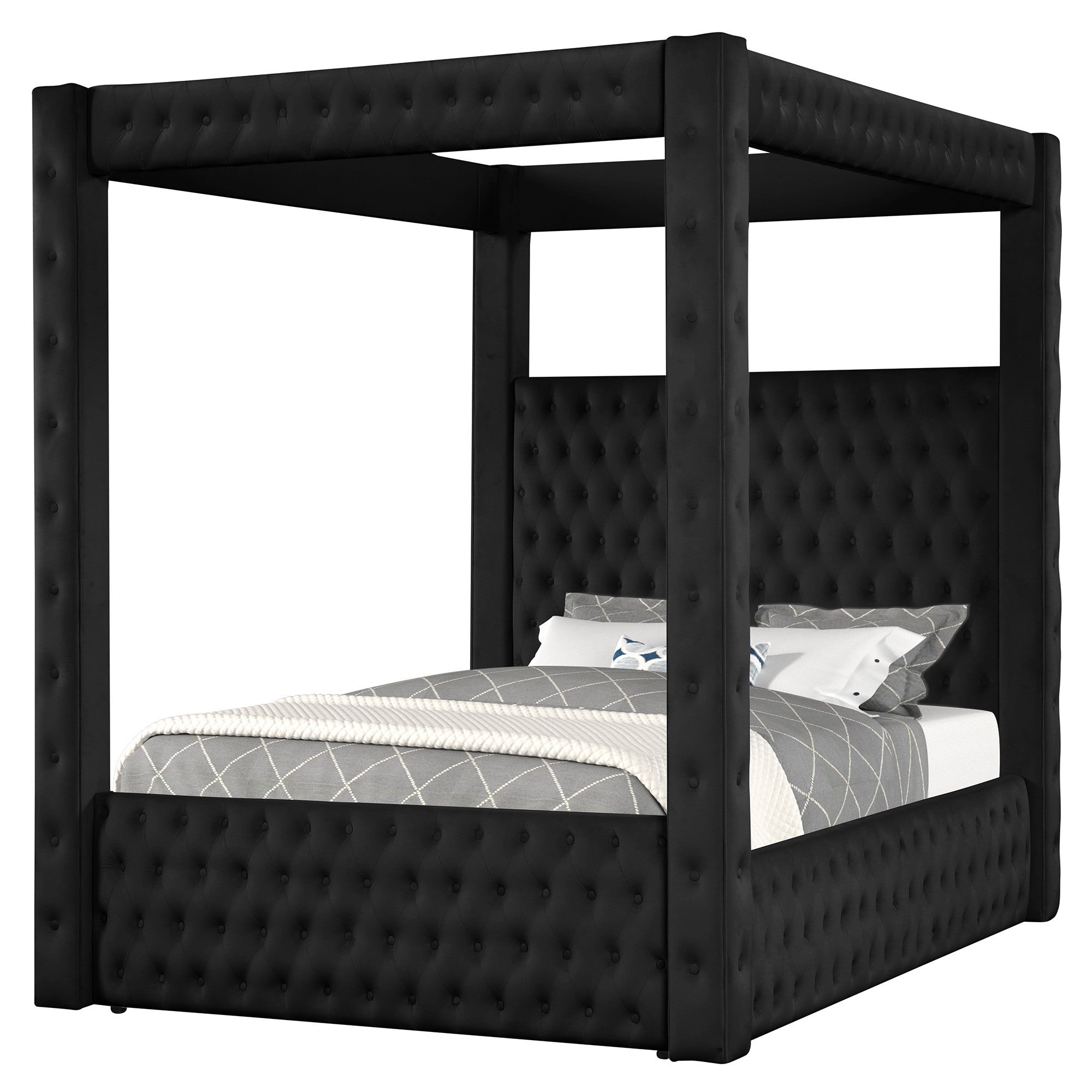 Modern Four-poster King Bed with Tufted Headboard and Footboard in Black Rich Velvet Fabric, Solid Wood Frame
