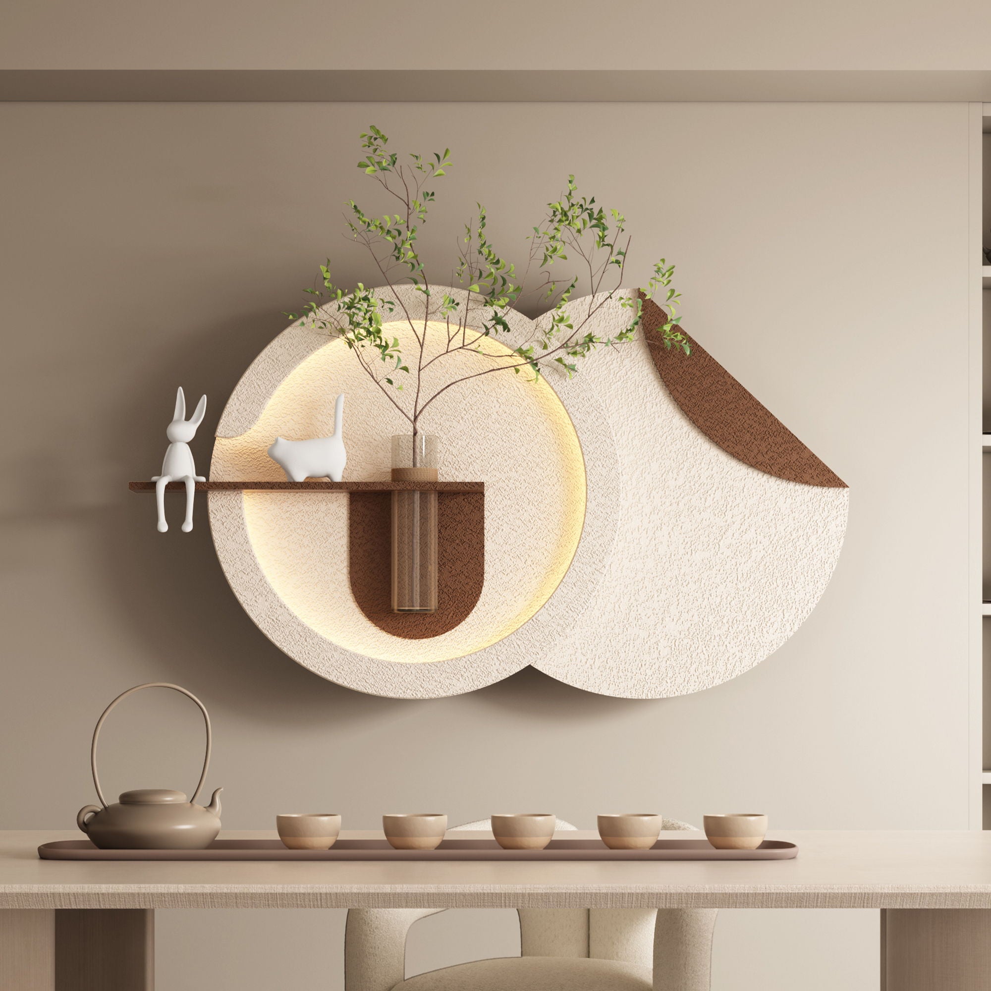 Adjustable 3 Color LED Sandstone Double Disc Wall Art With Simulated Greenery, Vase & Rabbit Statue - Light Coffee