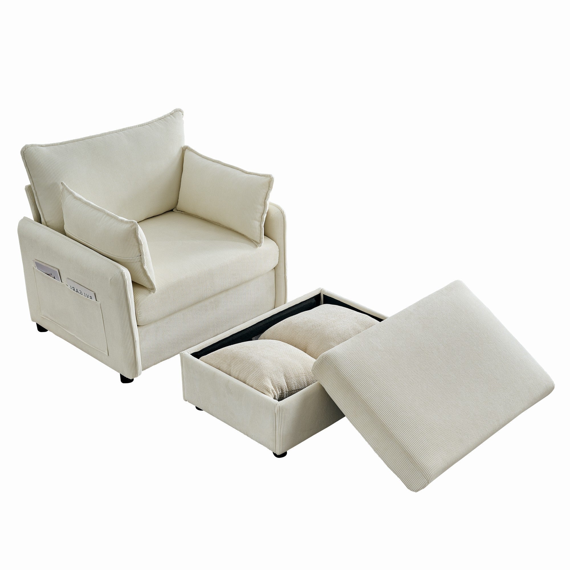 Oversized Chaise Lounge Chair with Ottoman and Storage in Beige