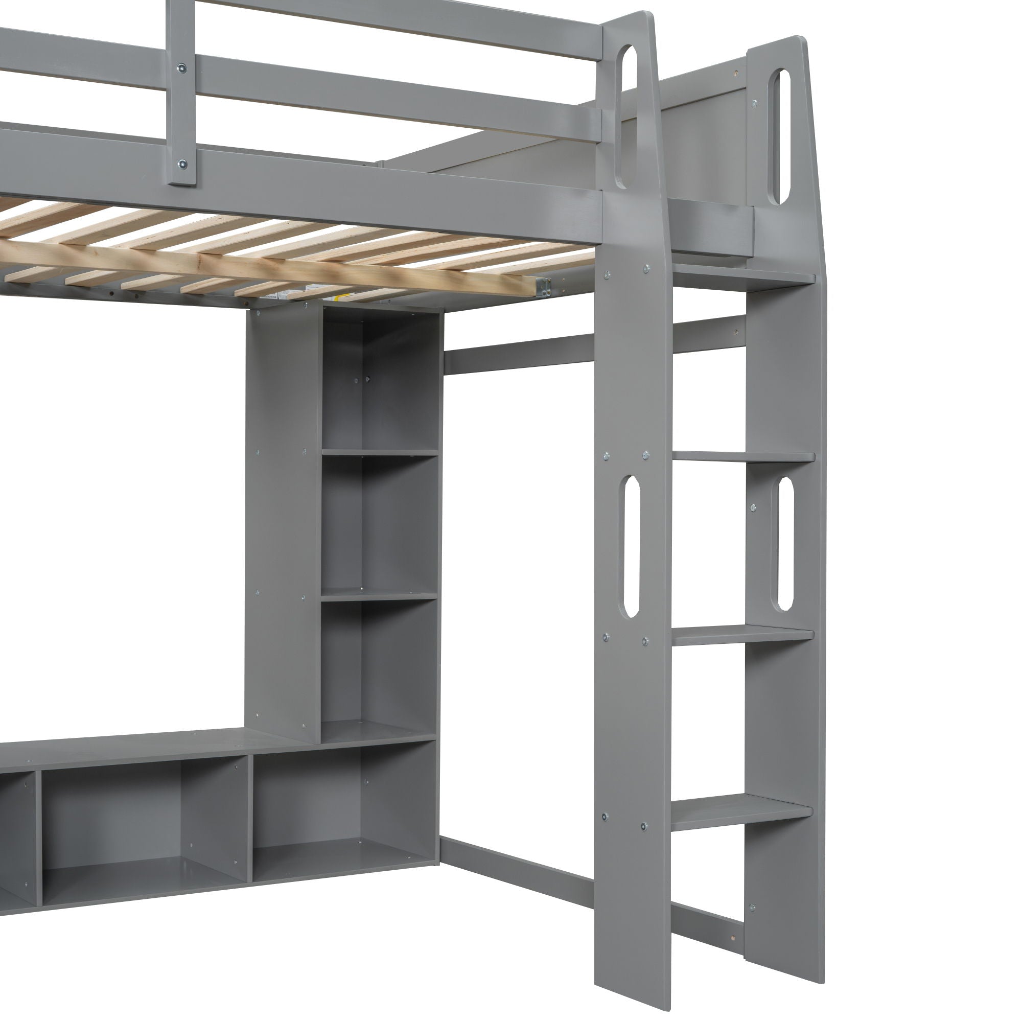 Full Size Gaming Loft Bed With Desk, Multi Storage Shelves, LED Lighting, And Hanging Clothes Rack - Gray