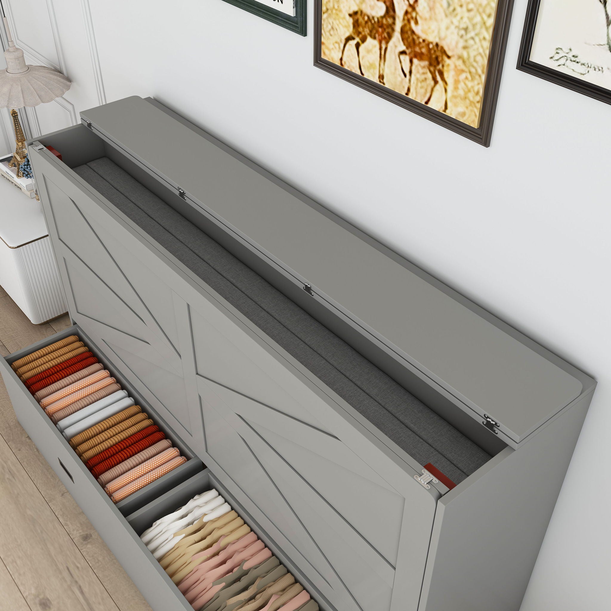 Murphy Bed With Storage Drawers And Charging Cabinet, Foldable Panels, Swivel Wheels