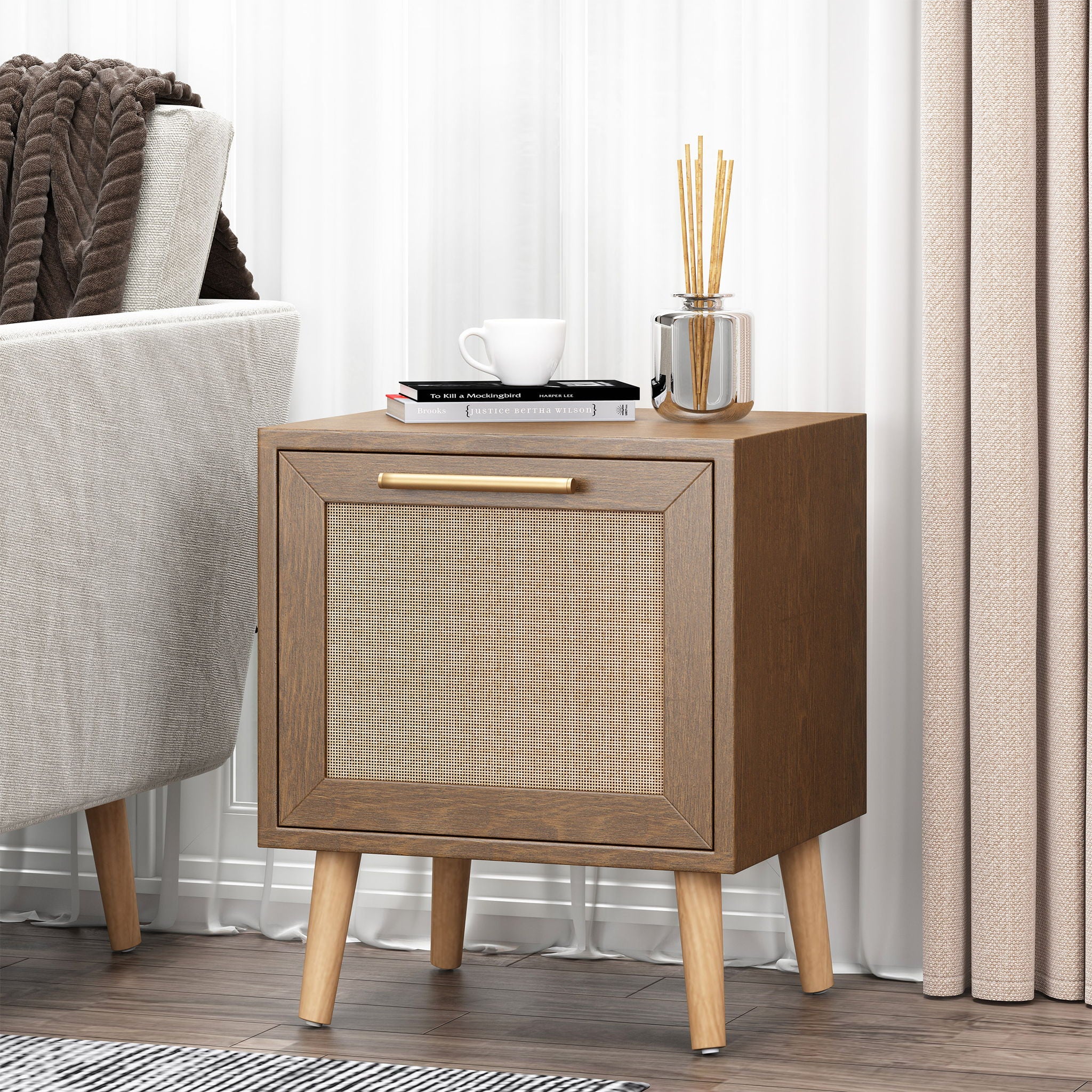 Contemporary End Table With Rattan - Walnut