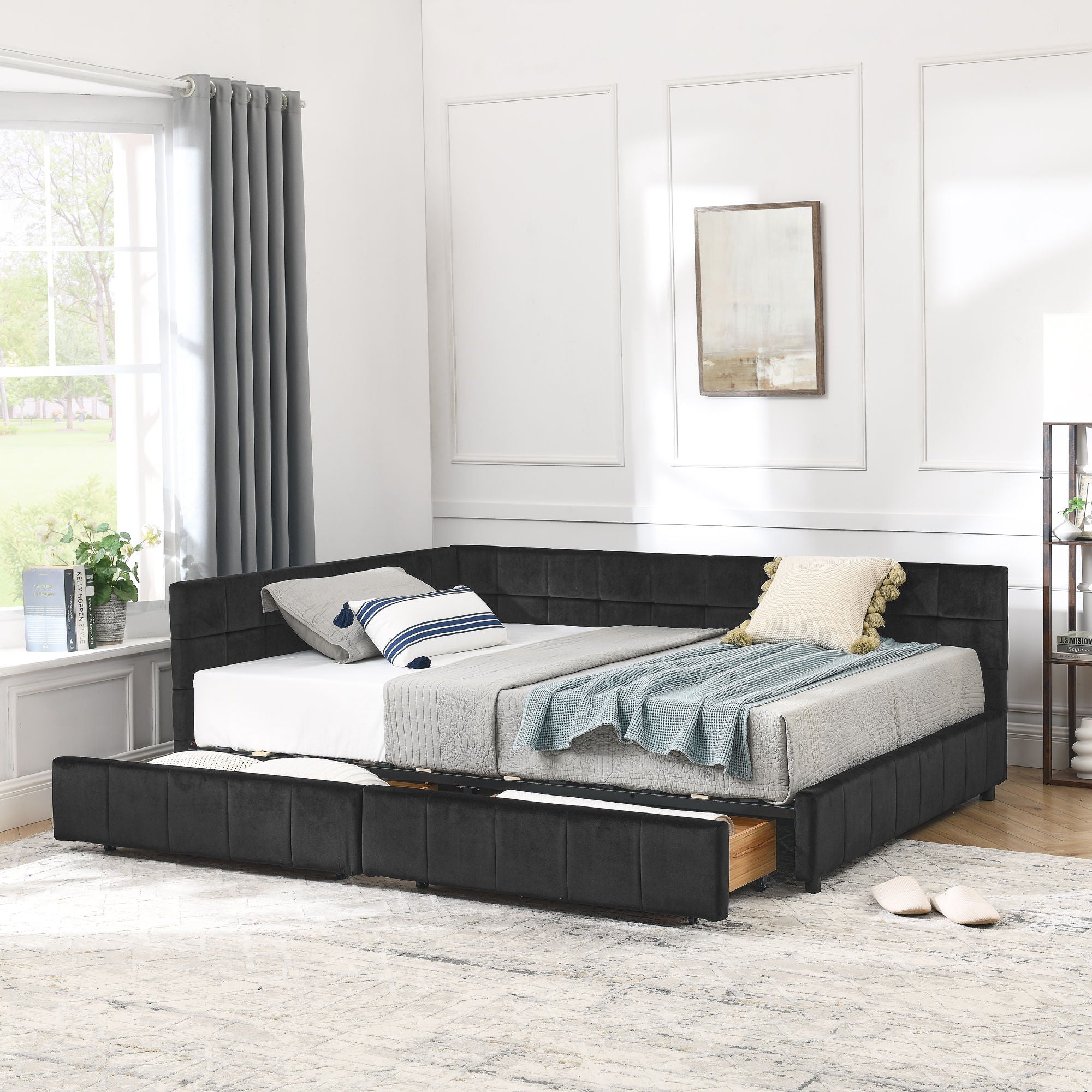 Mid-Century Storage Upholstered Tufted Bed Frame With Backrest And Armrests