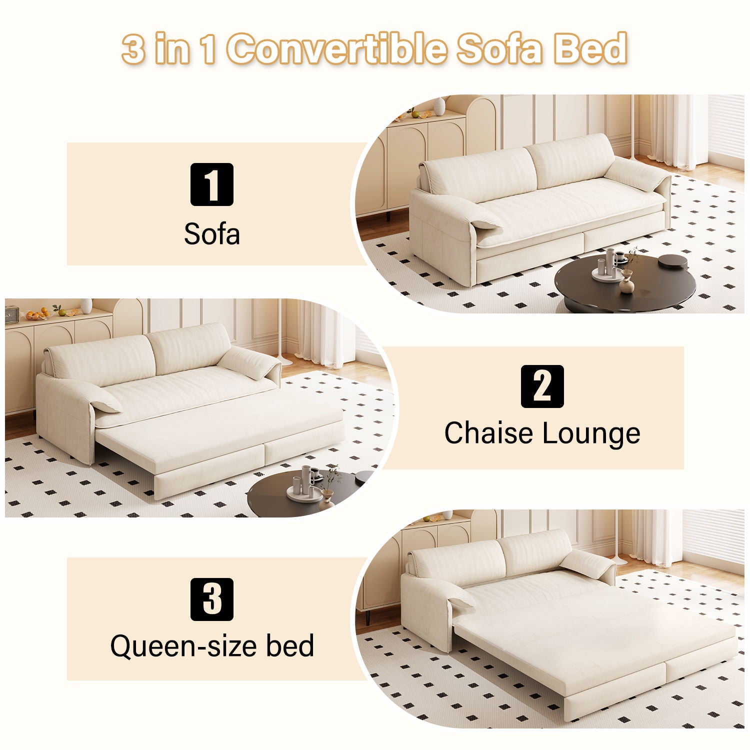 Queen Pull Out Sofa Bed, 3 In 1 Convertible Sleeper Sofa With Side Storage For Living Room - Beige