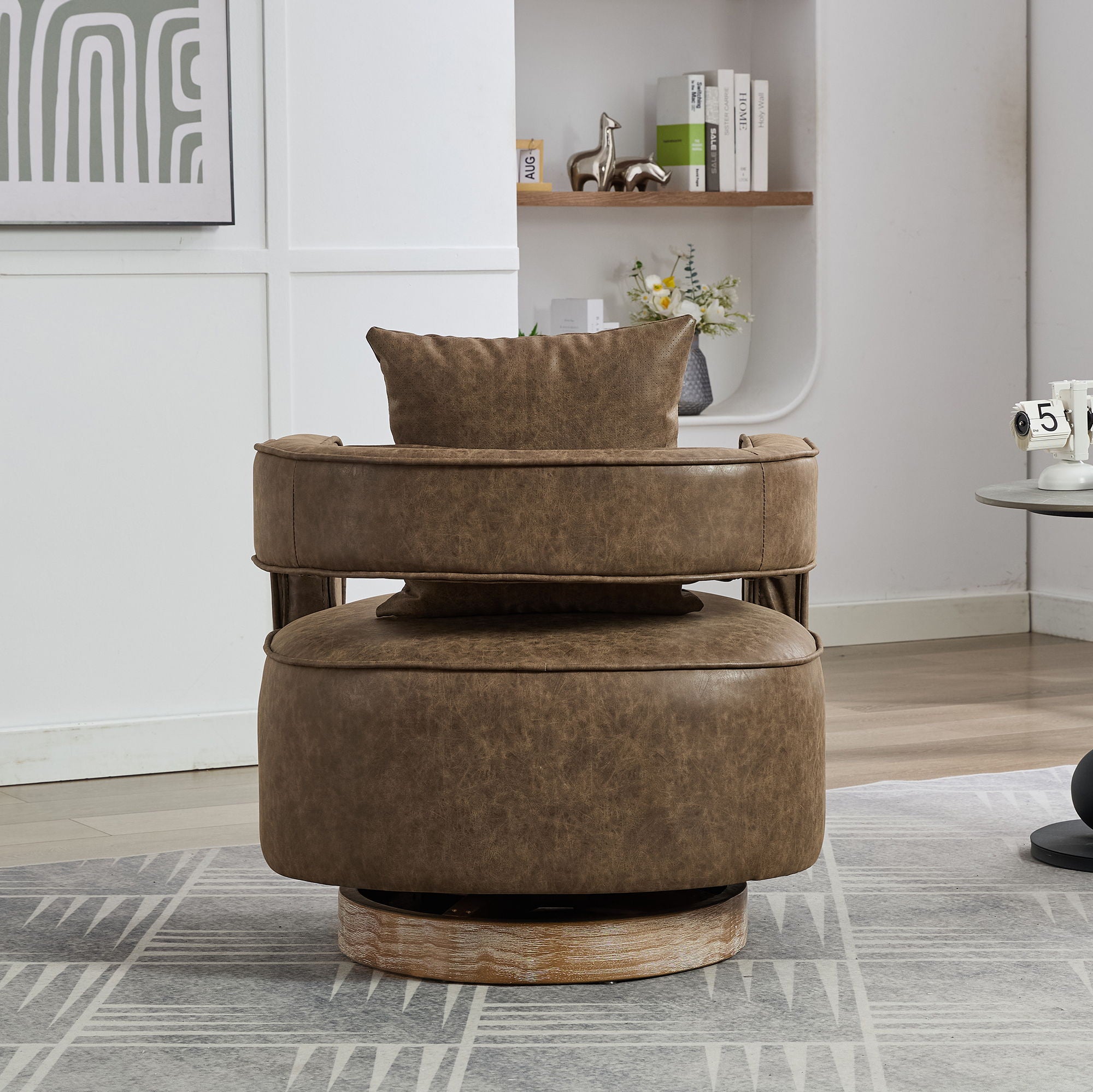 Swivel Accent Open Back Barrel Chair With Weathered Base