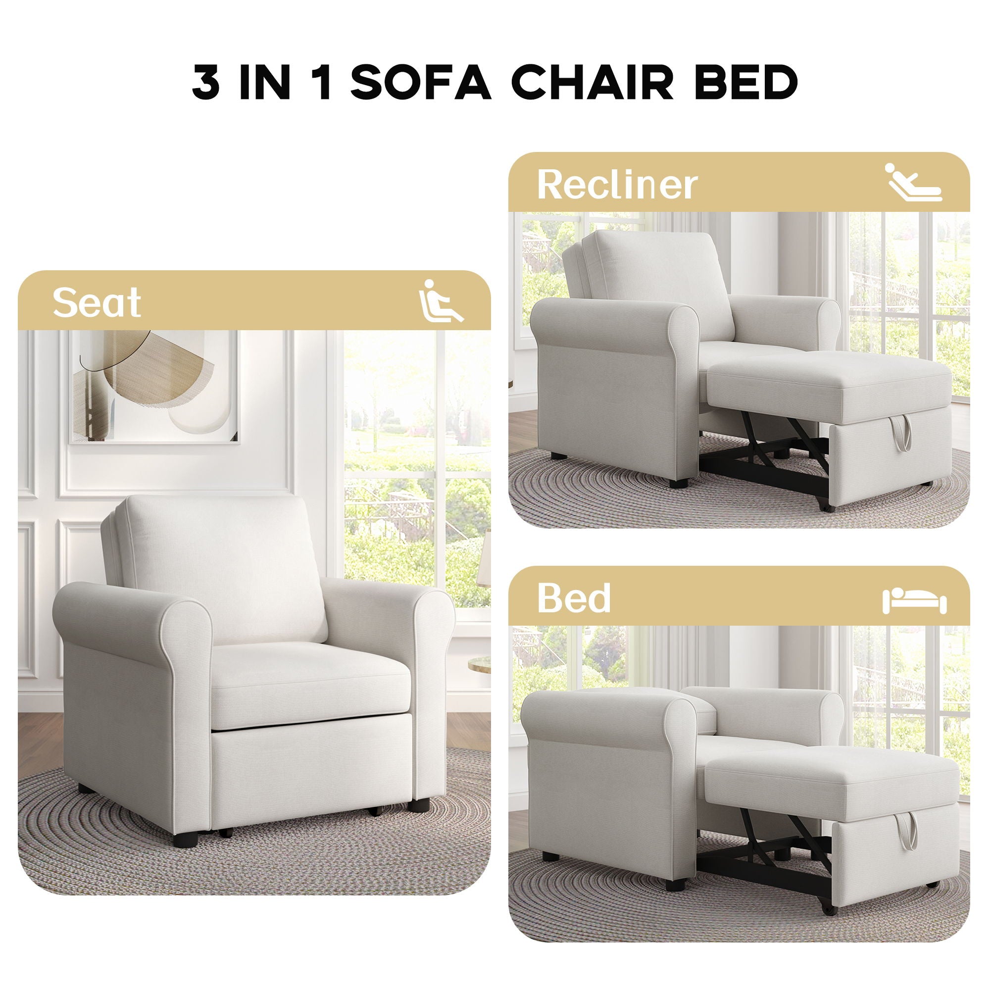 Modern 3 In 1 Convertible Sleeper Chair Bed, Linen Upholstery, Adjustable Backrest