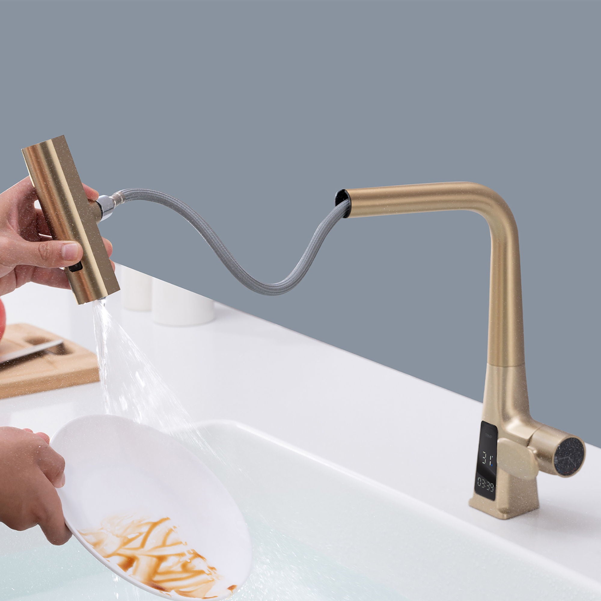 Waterfall Kitchen Faucet With Temperature Display And Pull Down Sprayer - Brushed Gold