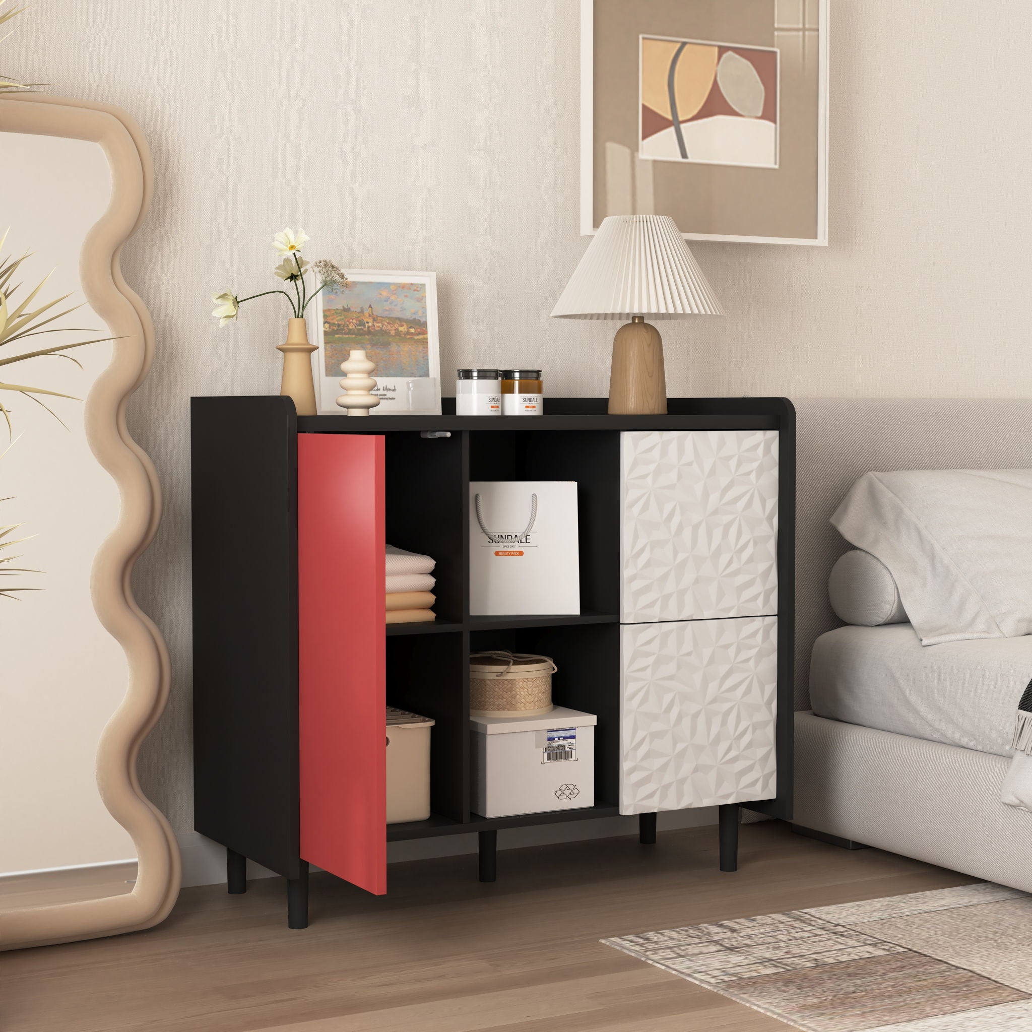 Modern Sideboard Buffet Cabinet With Red Doors And Unique Panel Styling