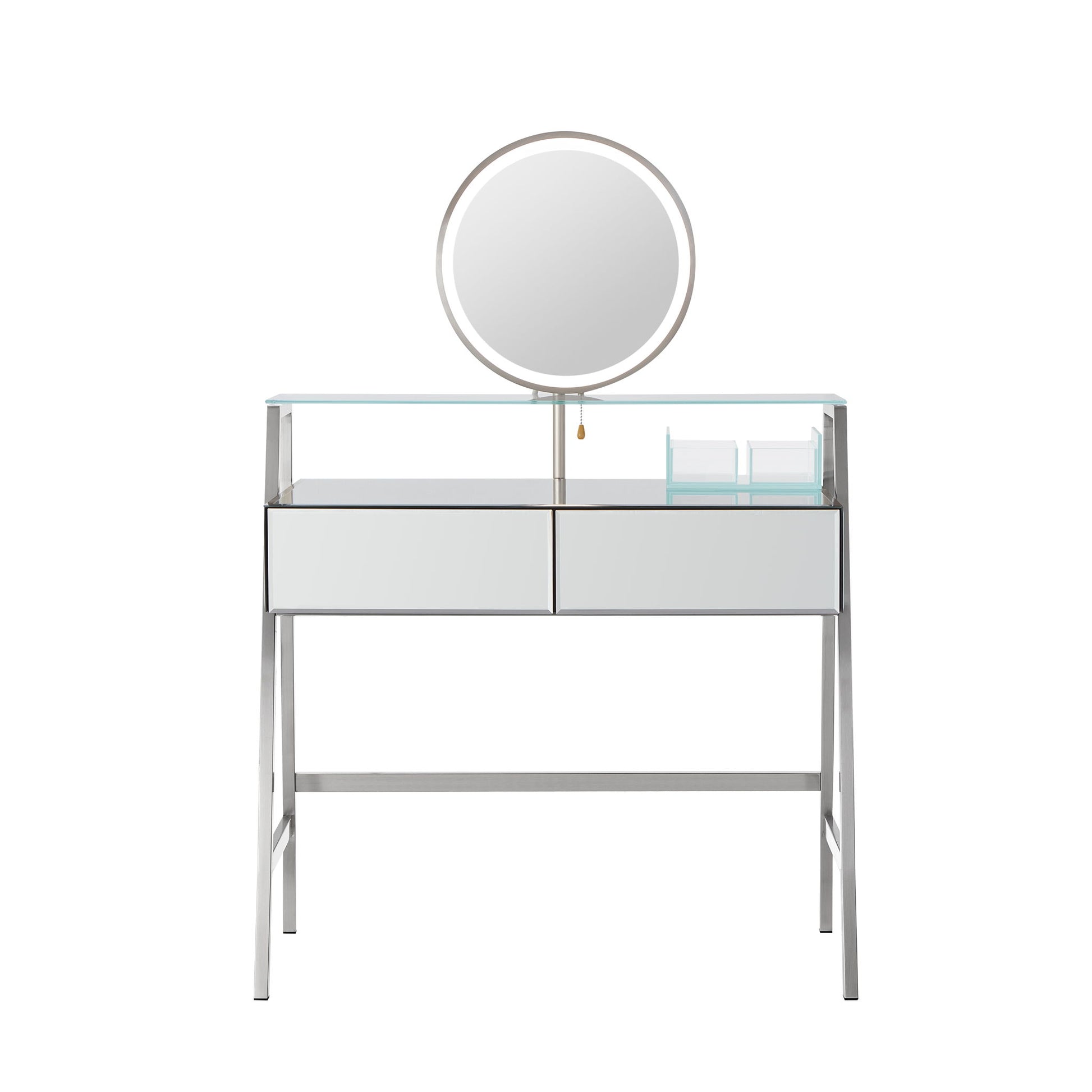 33.9" Mirrored Makeup Vanity Desk With Mirror And Lights, Mirrored Console Vanity Table With 2 Big Drawers & Open Shelf, Dressing Table With Charging Station For Bedroom - Silver - Best Buy Furniture