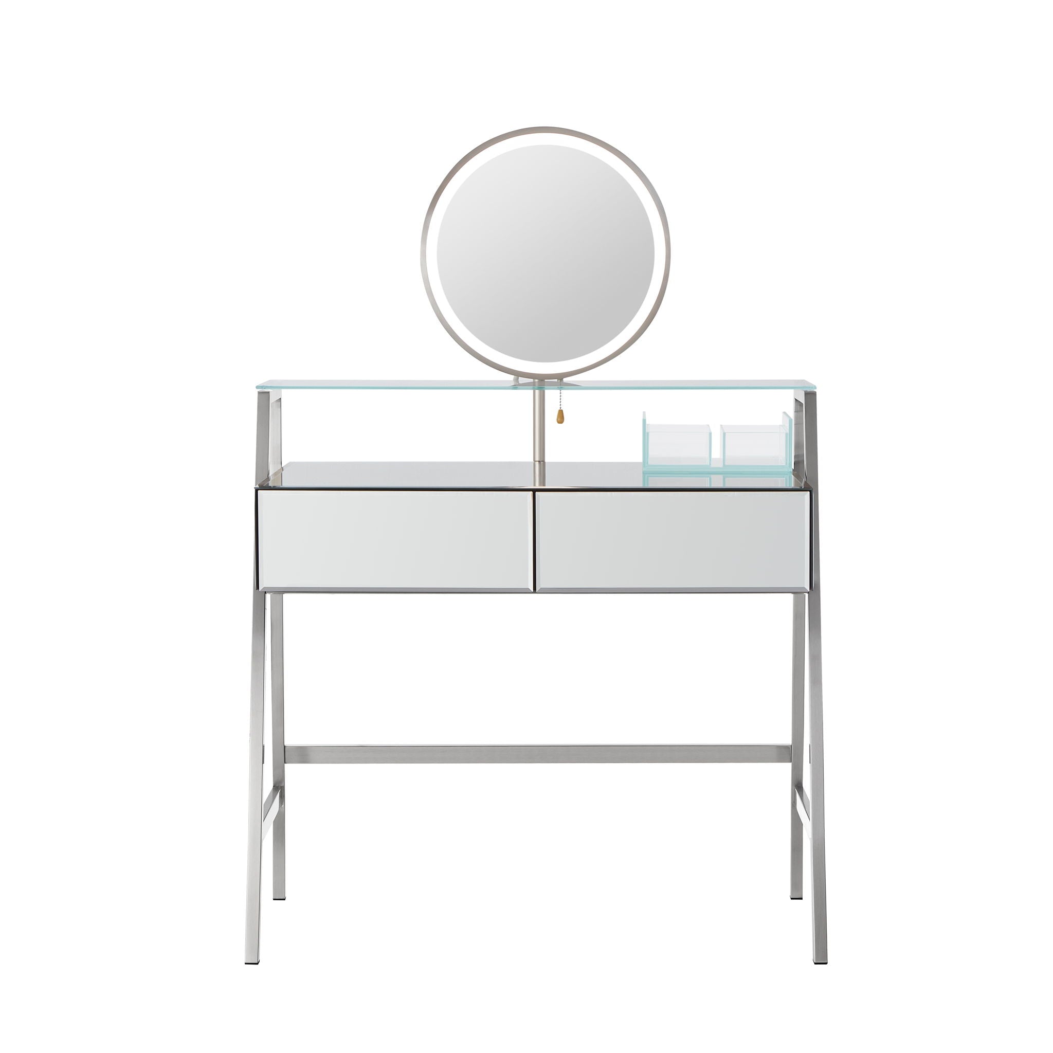 33.9" Mirrored Makeup Vanity Desk With Mirror And Lights, Mirrored Console Vanity Table With 2 Big Drawers & Open Shelf, Dressing Table With Charging Station For Bedroom - Silver - Best Buy Furniture