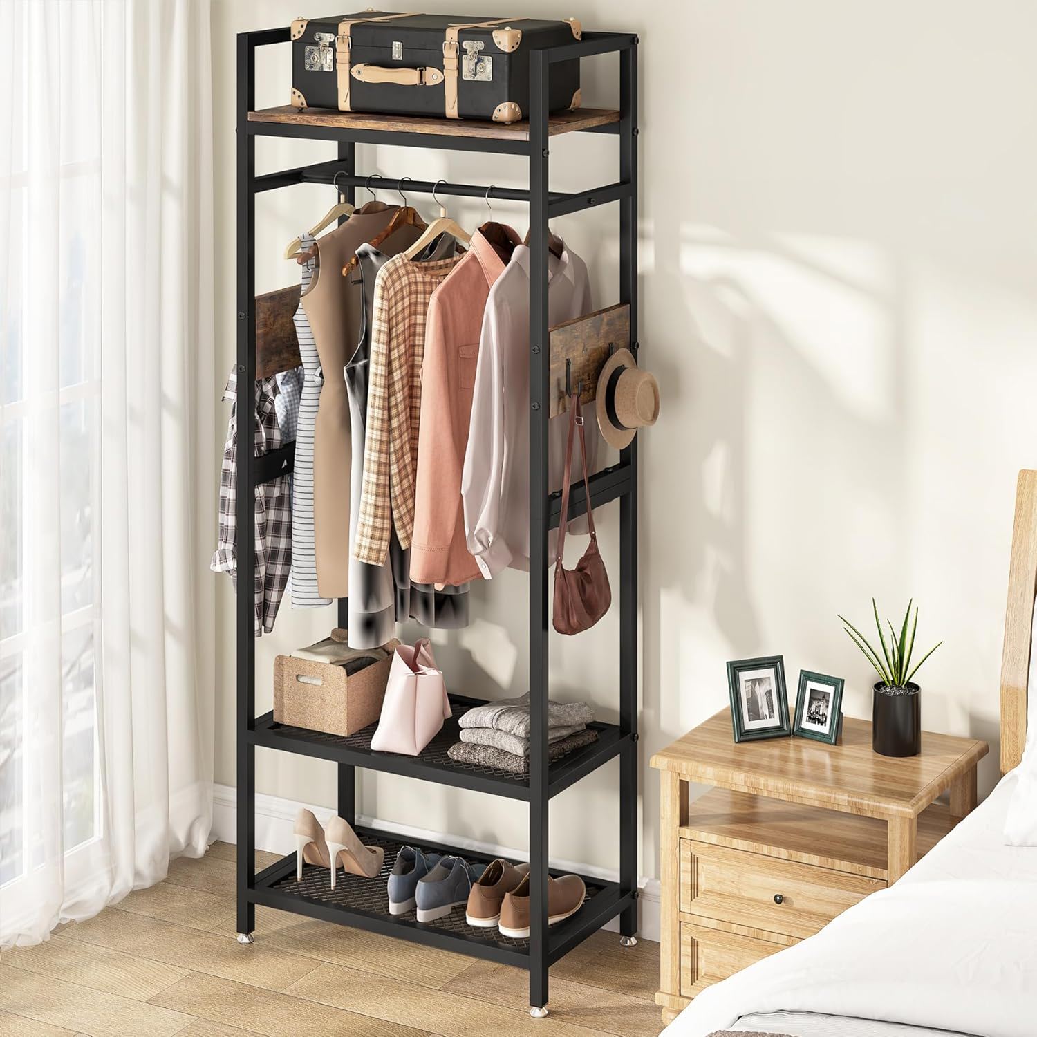 Rack With Hanging Rod, 4 Hooks, Heavy Duty Freestanding Closet Organizer - Brown / Black