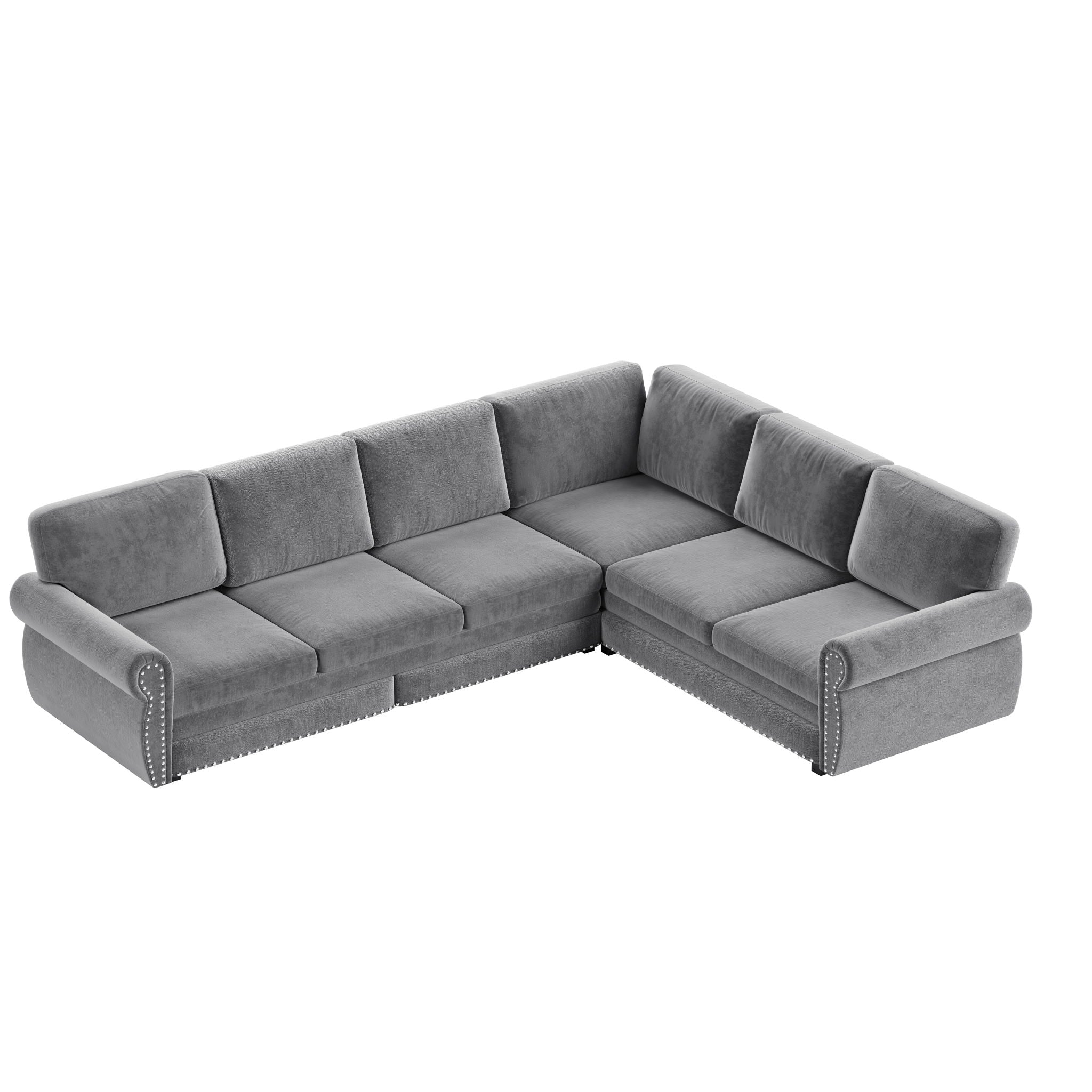 L-Shaped Sofa Couch With Pull Out Bed With Nailhead Trim & Rolled Arm, Sectional Couches, For Living Room - Light Gray