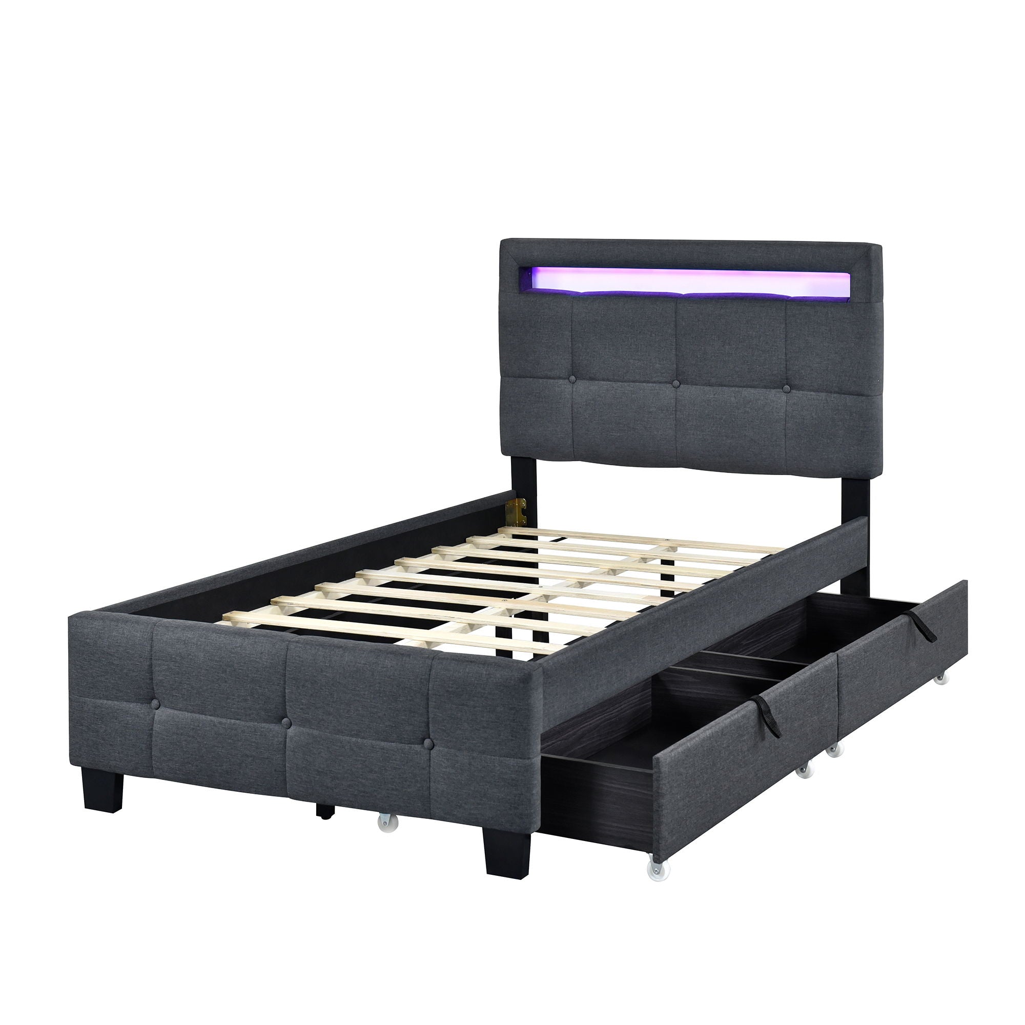 Upholstered Platform Bed With LED Frame, With Trundle And 2 Drawers