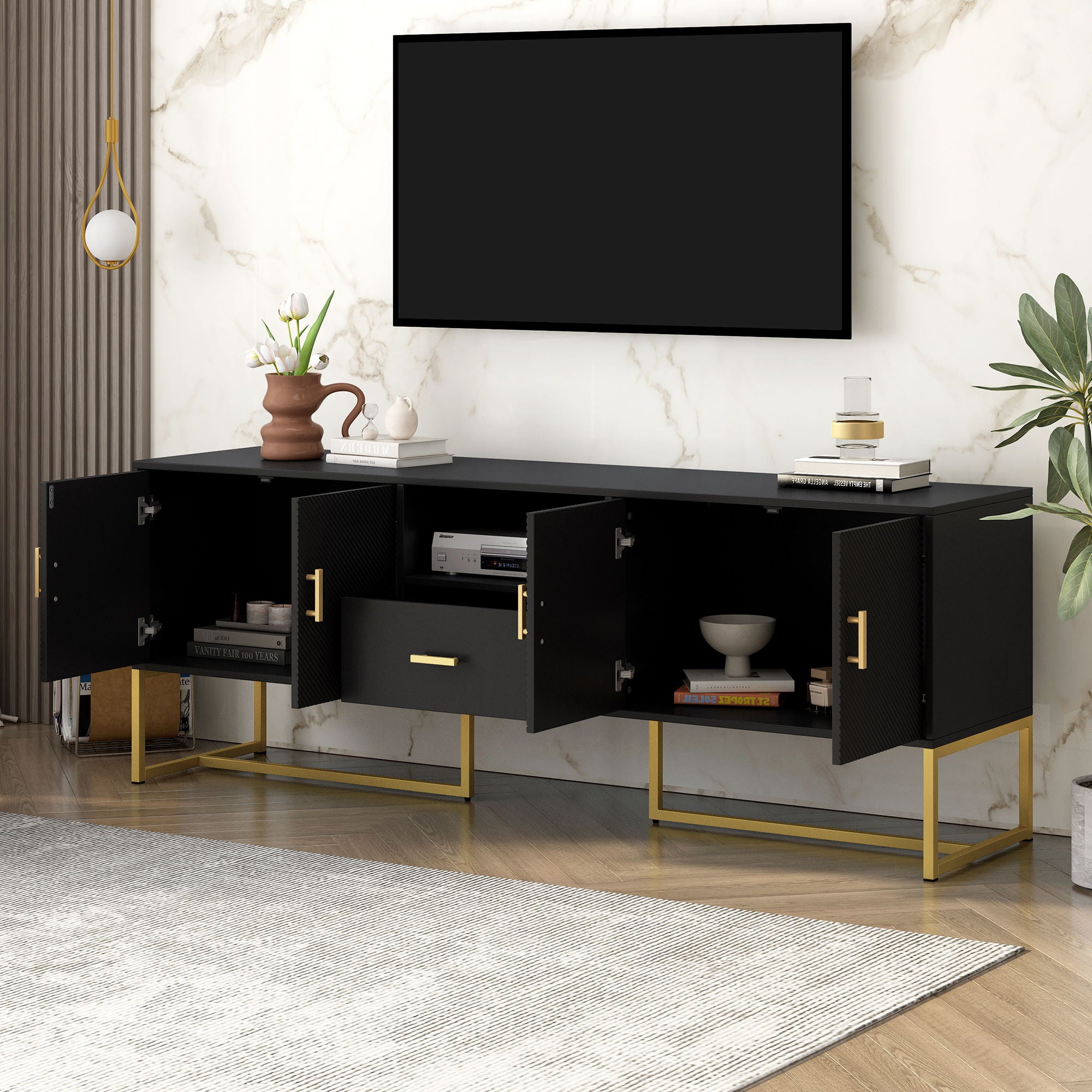 TV Cabinet With 1 Drawer, 2 Cabinets, Handles And Anti-Tip Device