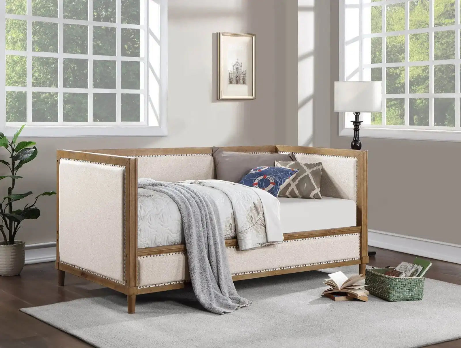 Beige Fabric Upholstered 1pc Day Bed Light Oak Bed Frame Nailhead Trim Bedroom Furniture Mattress Ready Twin Day Bed