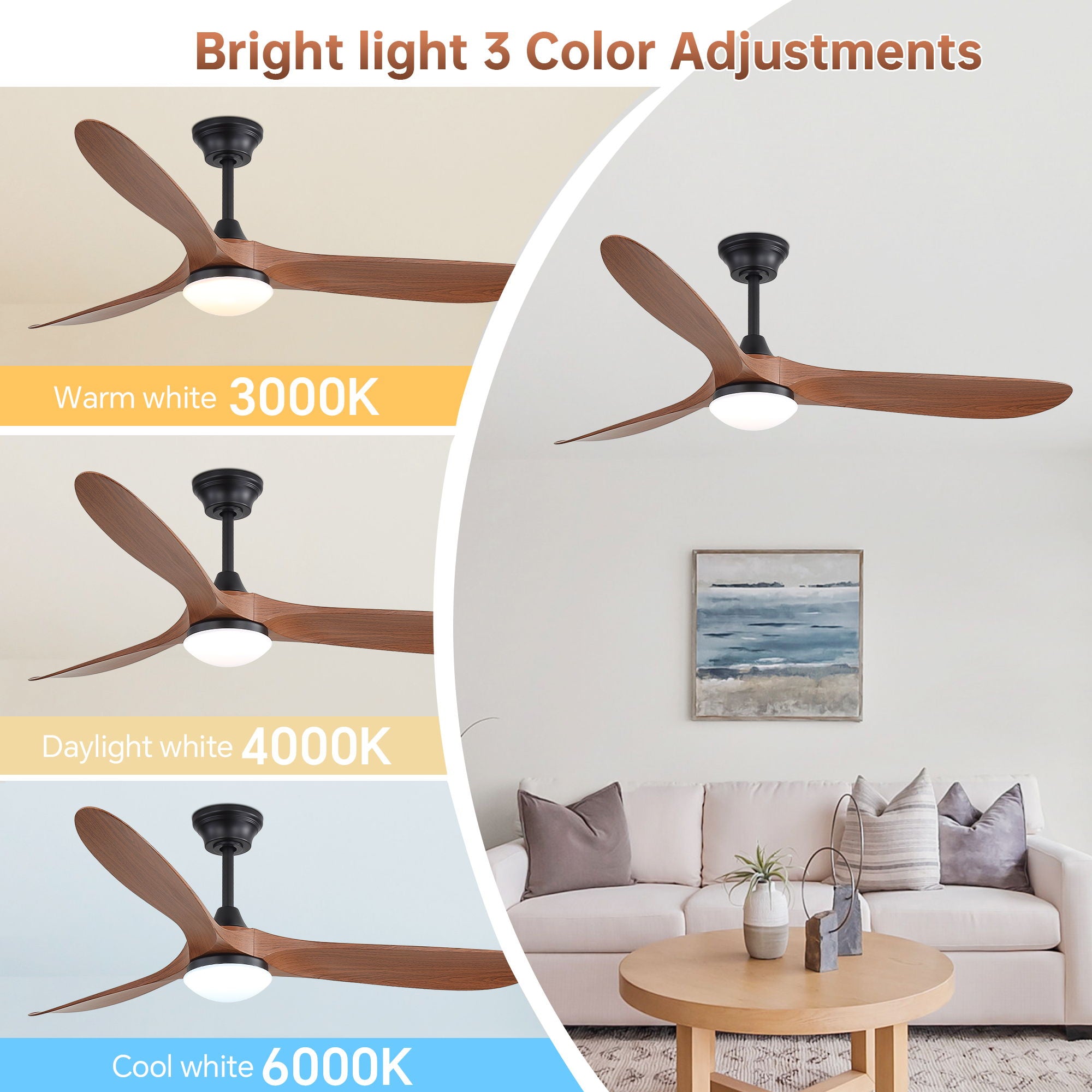 Smart Ceiling Fan With Lights, 3 Blades, Reversible Quiet DC Motor For Indoor