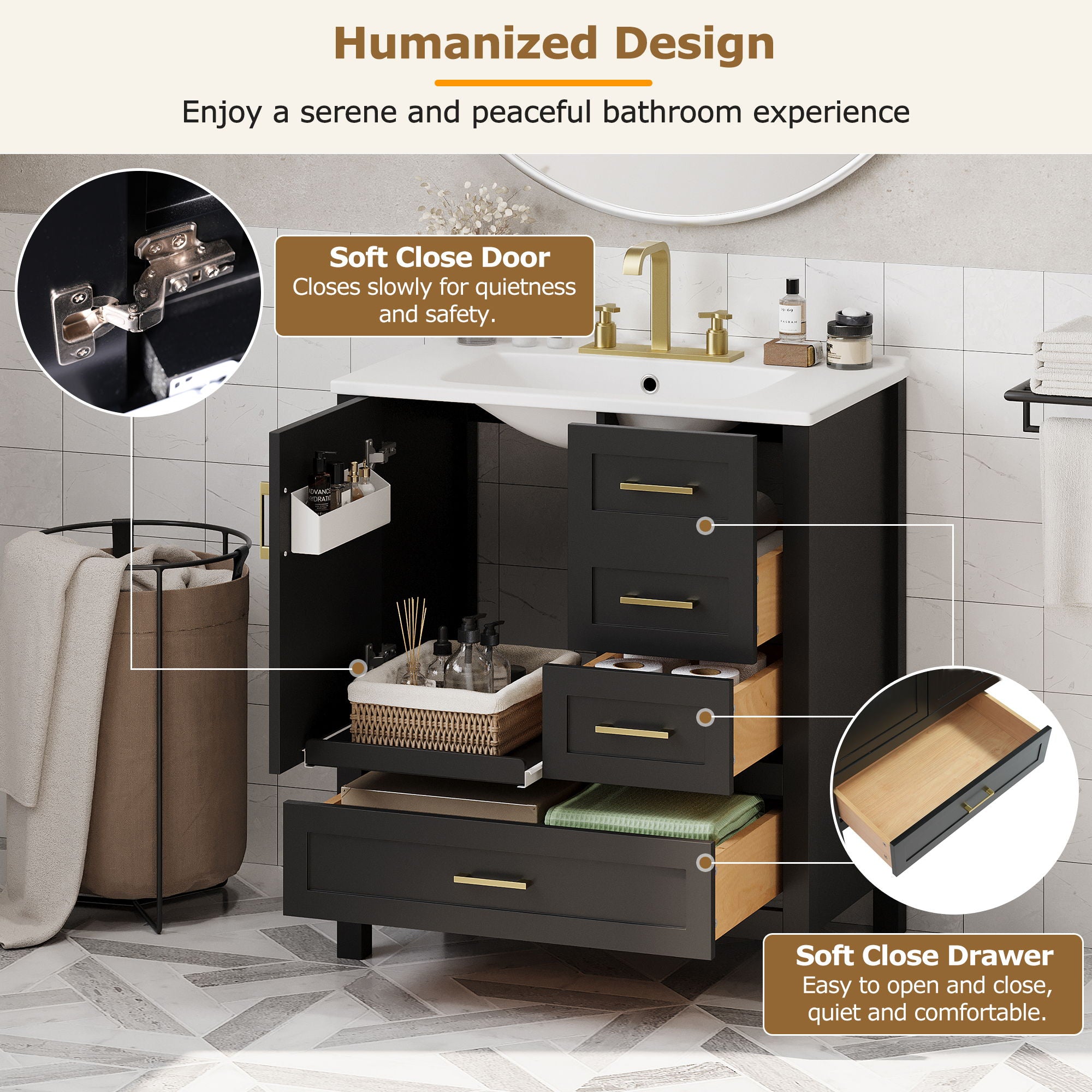 Modern Bathroom Vanity With Ceramic Sink, Solid Frame And Storage Solutions
