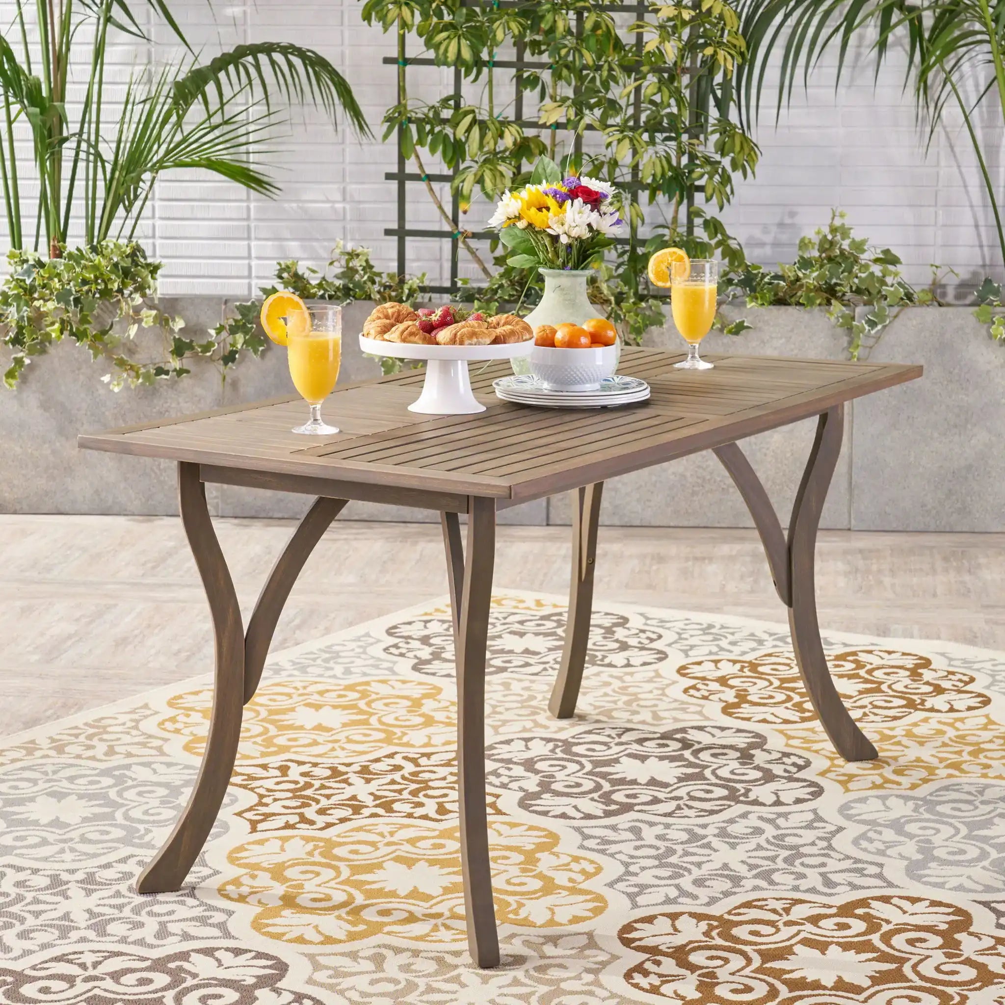 Transitional Acacia Wood Dining Table With Slat Panel Top - Gray