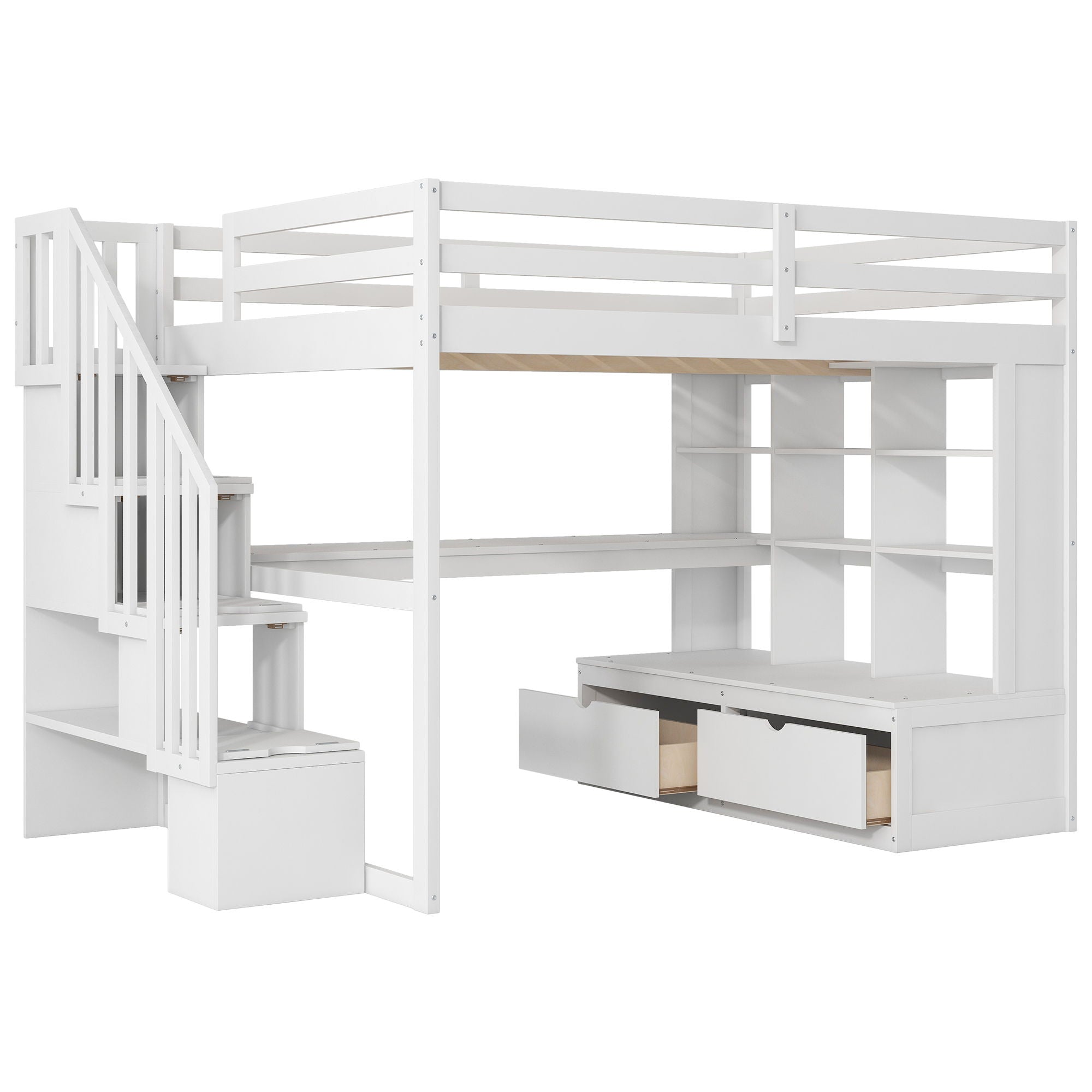Full Size Loft Bed With Desk And Shelves, 2 Built In Drawers, Storage Staircase - White
