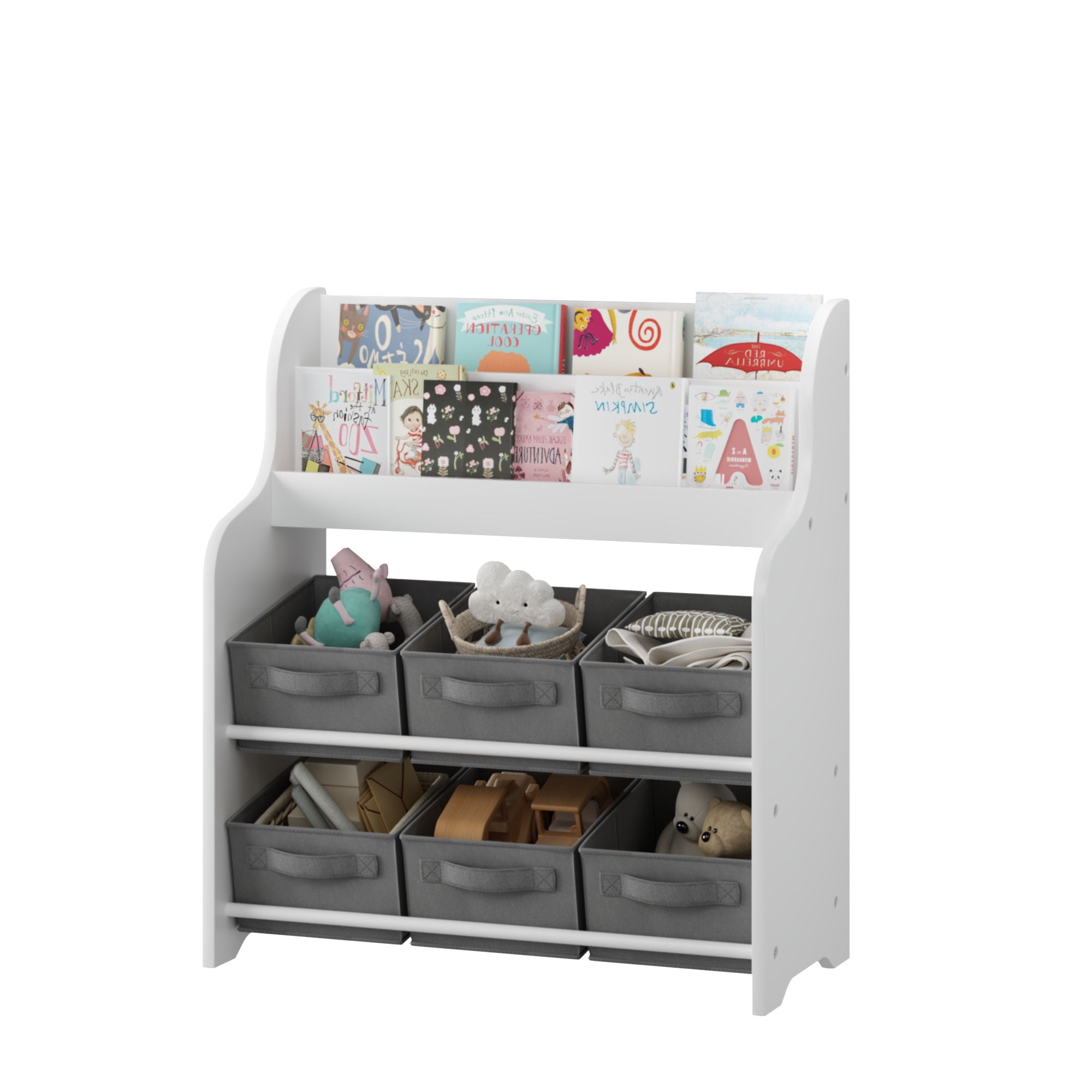 Bookshelf With 6 Storage Bins, Multi Functional Children's Bookcase And Toy Organizer - White