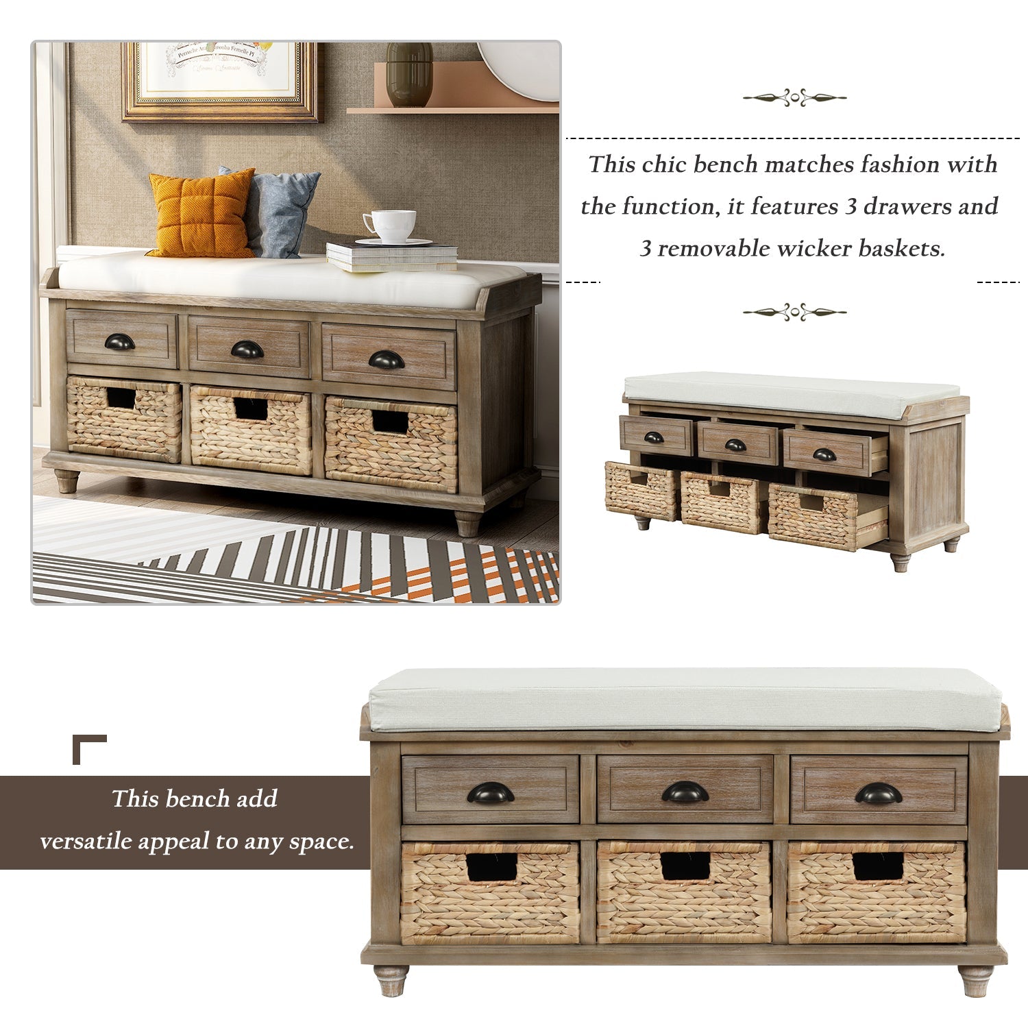 Rustic Storage Bench with 3 Drawers - Best Buy Furniture