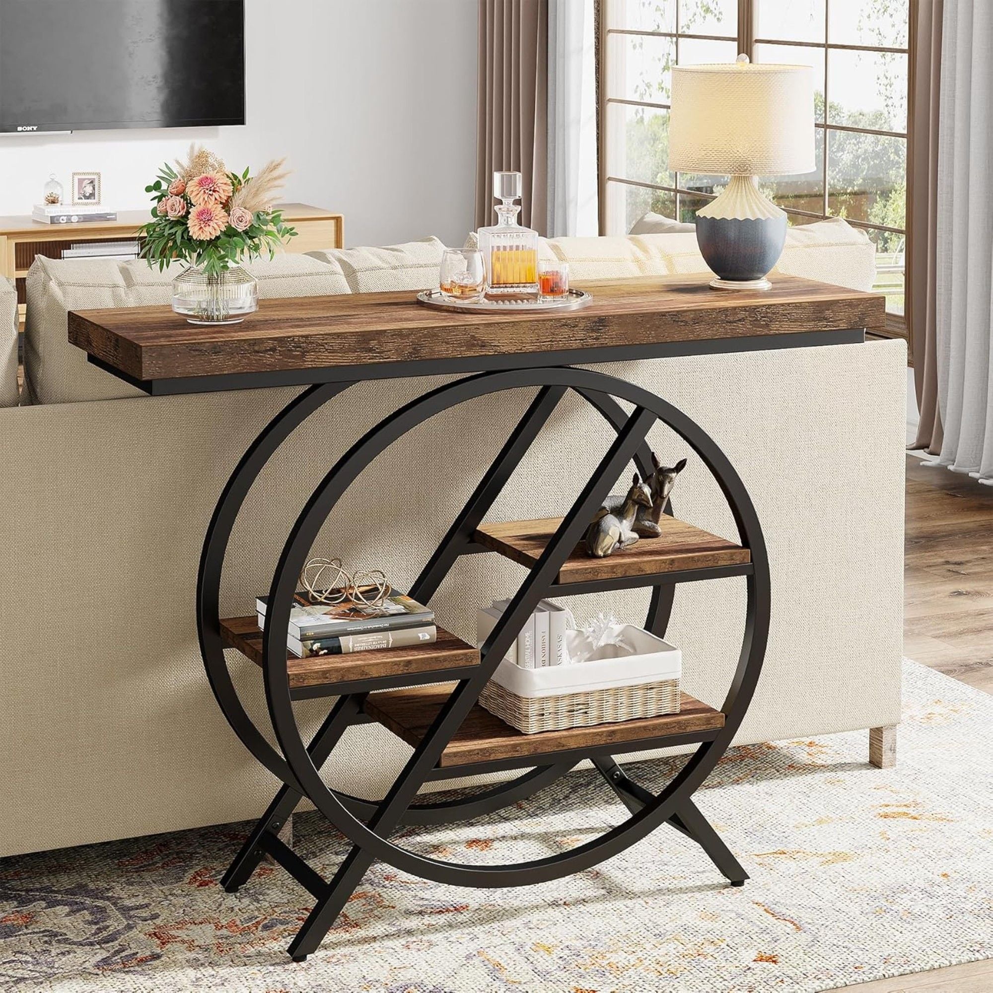 4 Tier Entryway Console Table With Geometric Circle Frame & Storage Shelves - Rustic Brown
