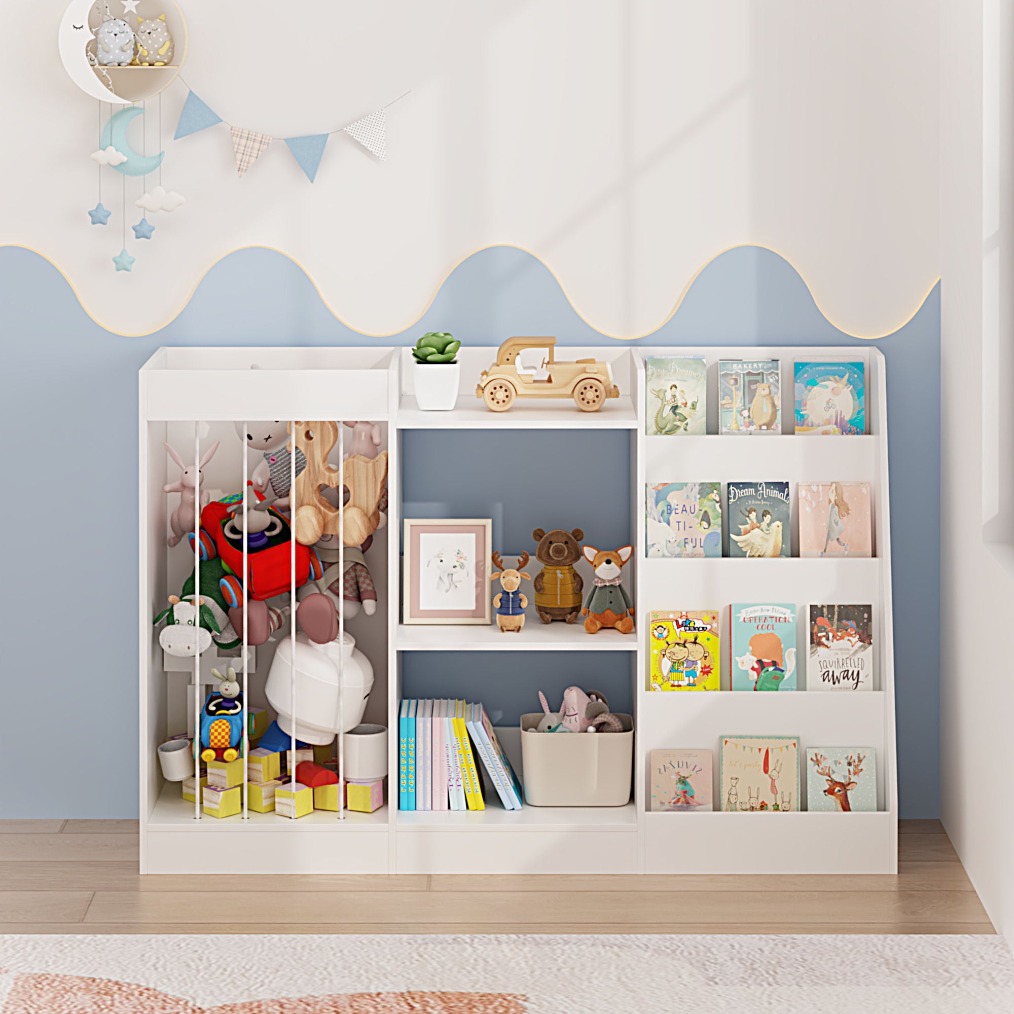 Bookshelf And Toy Storage, 3 Tier Montessori Bookcase With Stuffed Animal Organizer - White