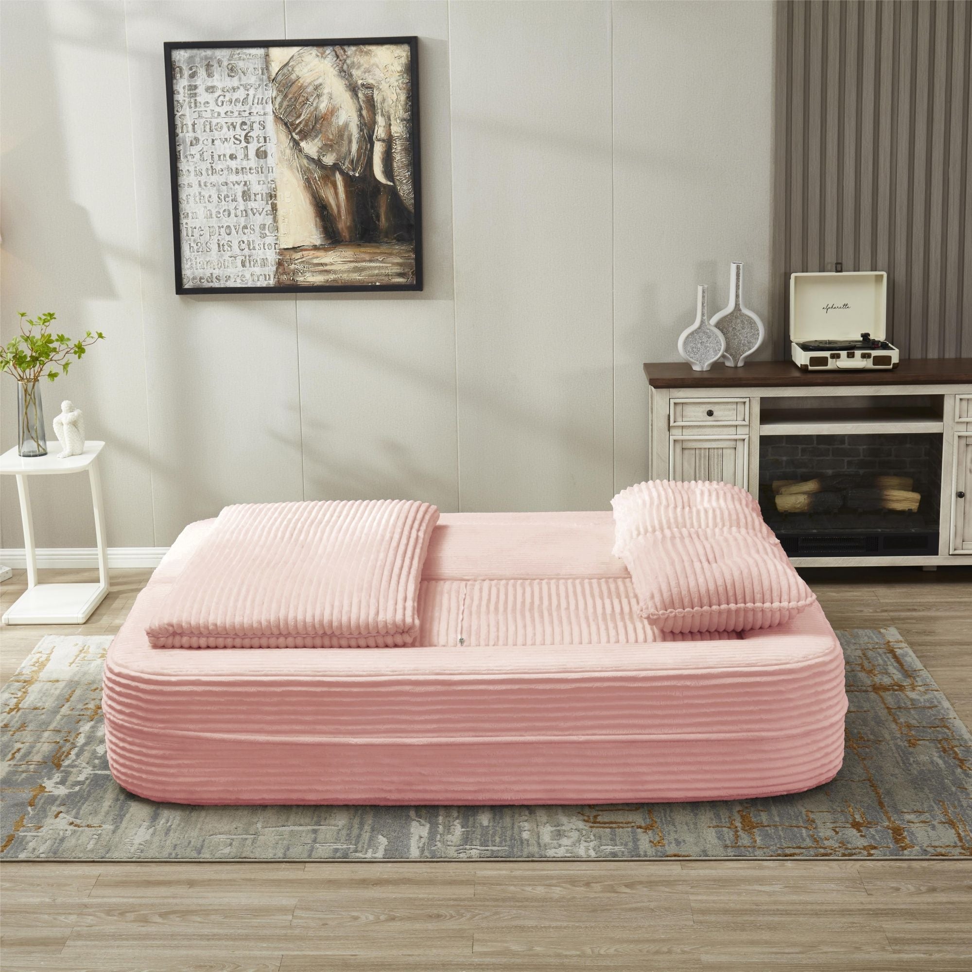 Multi Functional Sectional Sofa Bed With Independent Chaise Lounge And Functional Blanket, Convertible King Size Bed, Deep Seat - Baby Pink