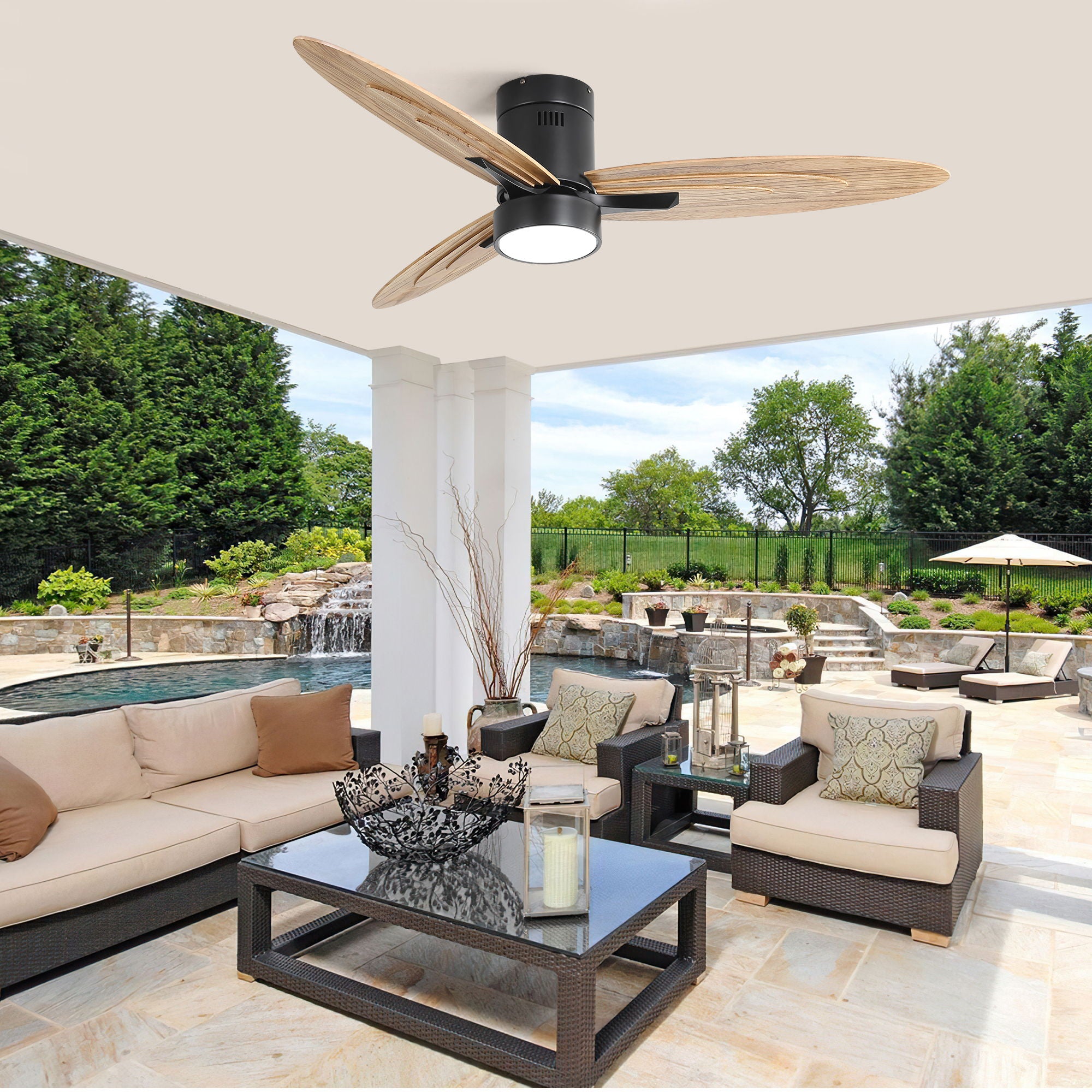 Flush Mount Ceiling Fan With Light And Remote Control, 3 Blades, Reversible DC Motor - Black