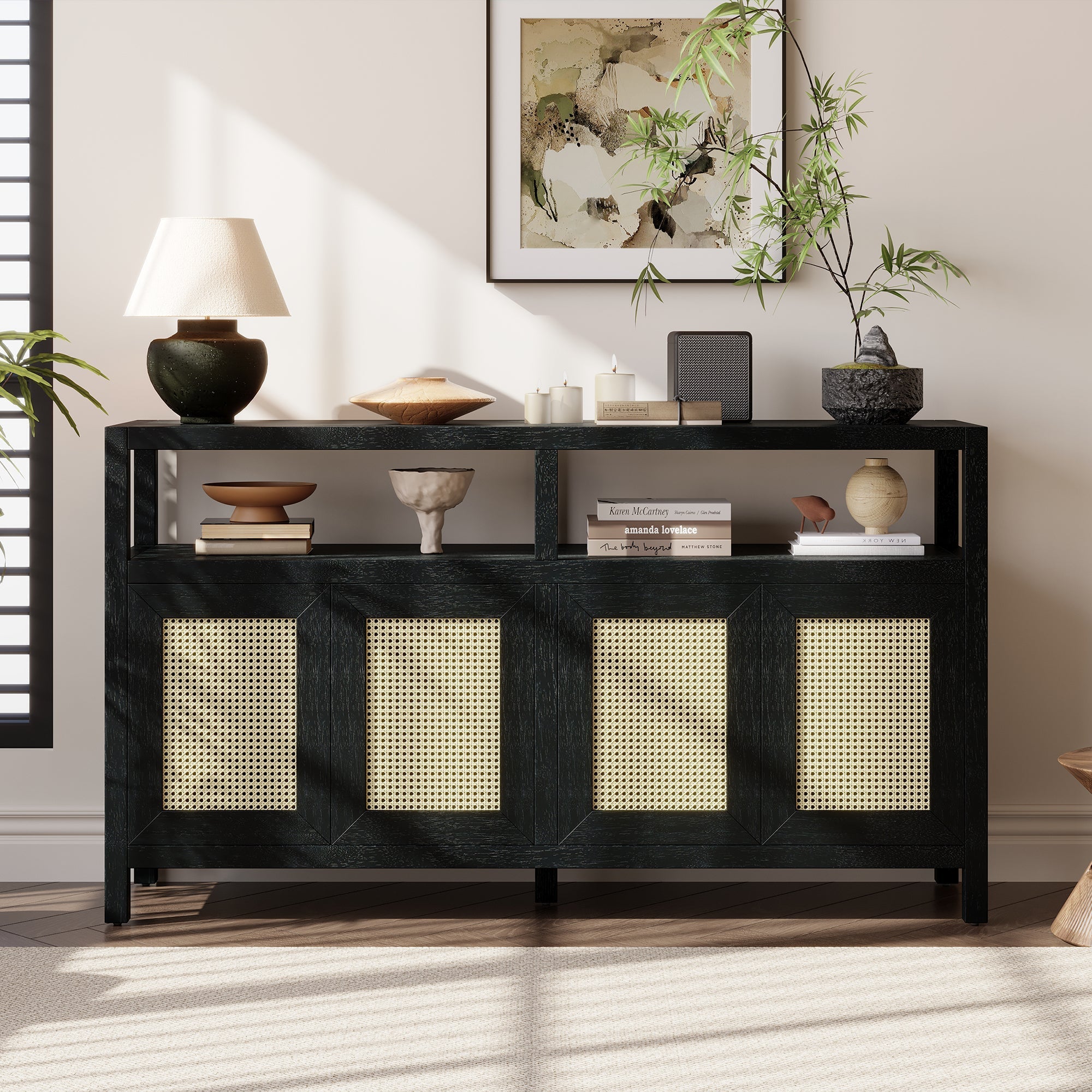 TREXM Bohemian Style Rattan Buffet Storage Cabinet with Solid Wood Frame
