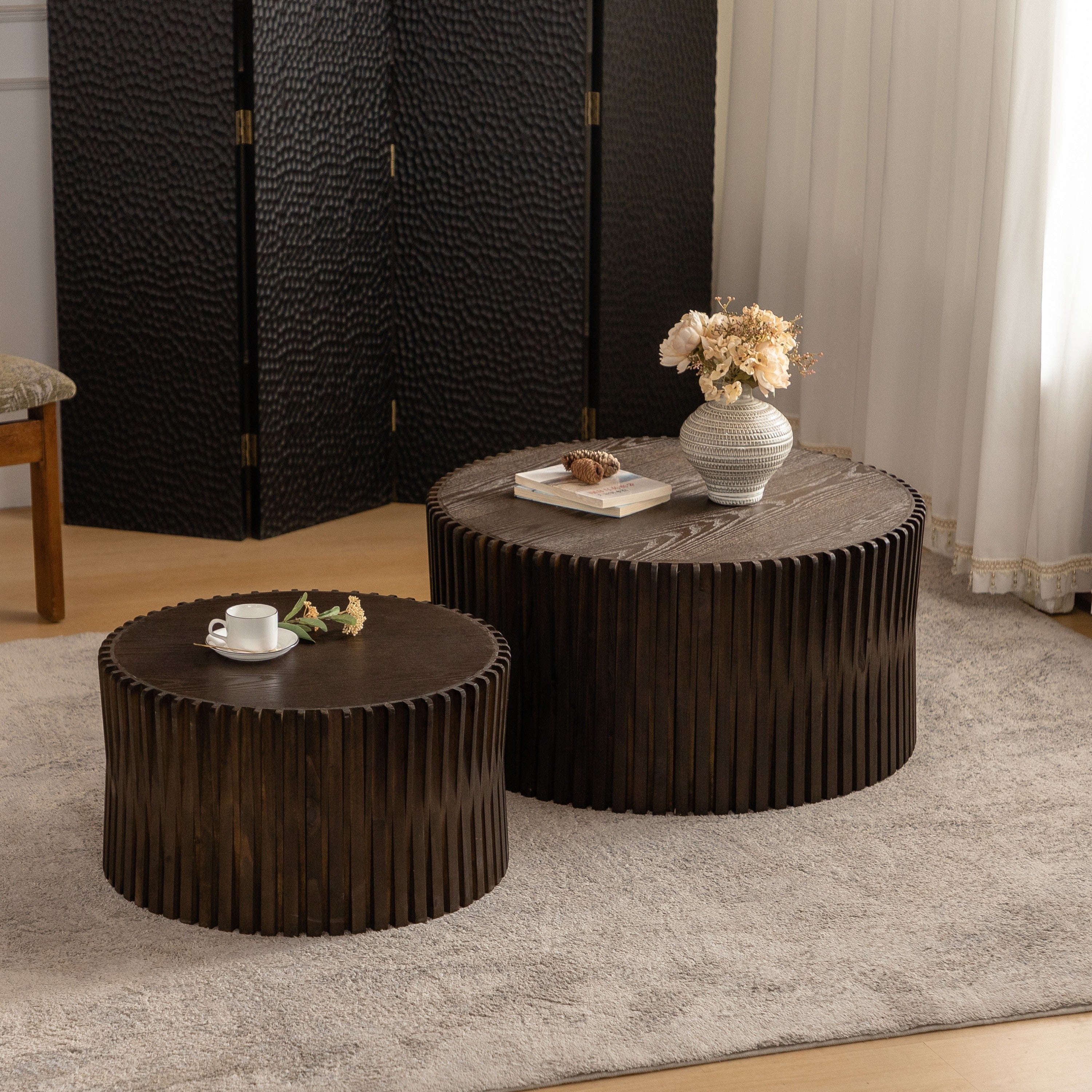 Vintage Style Cylindrical Nesting Coffee Table Set with Textured Embossed Design