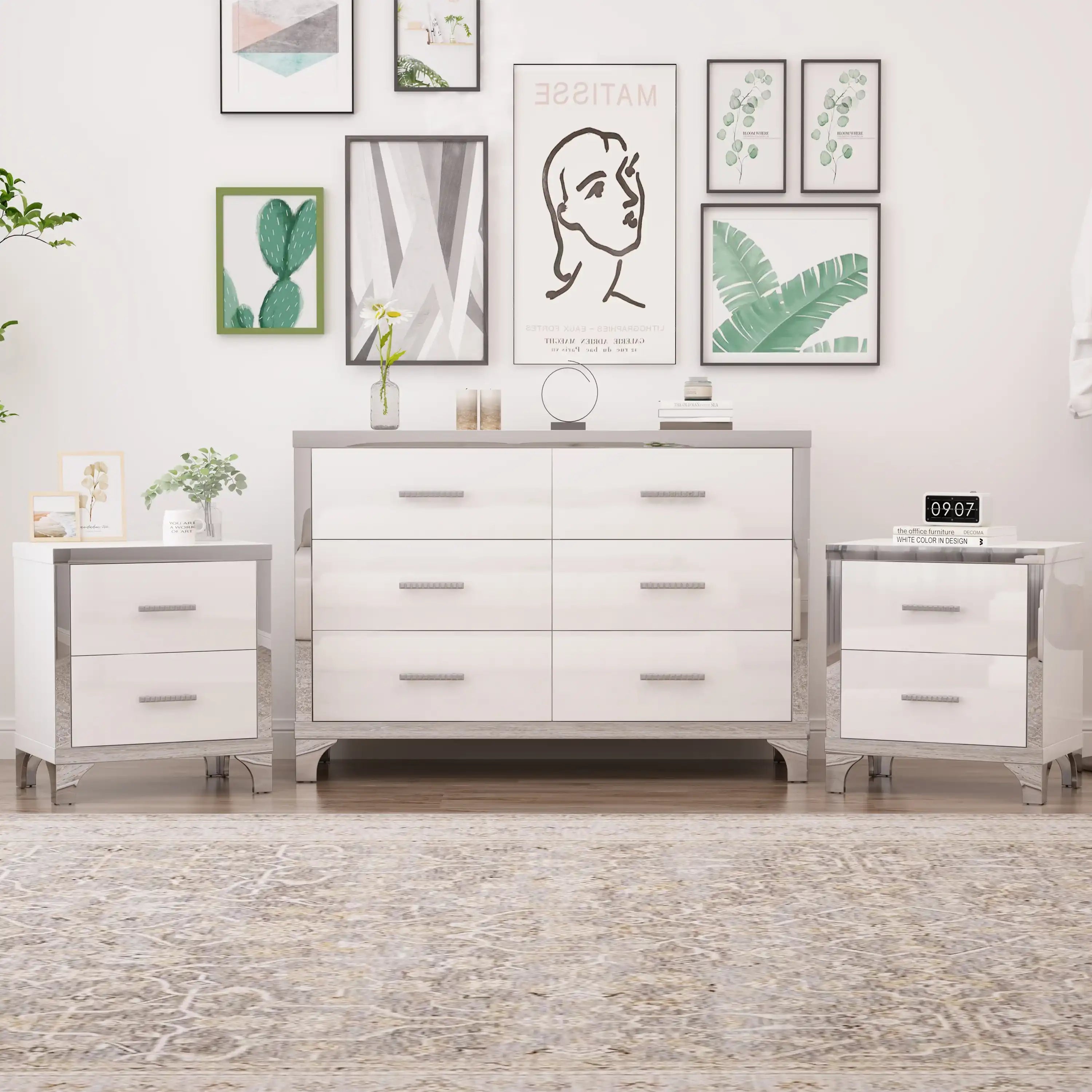 Elegant White 3-Piece Dresser with Two Nightstands